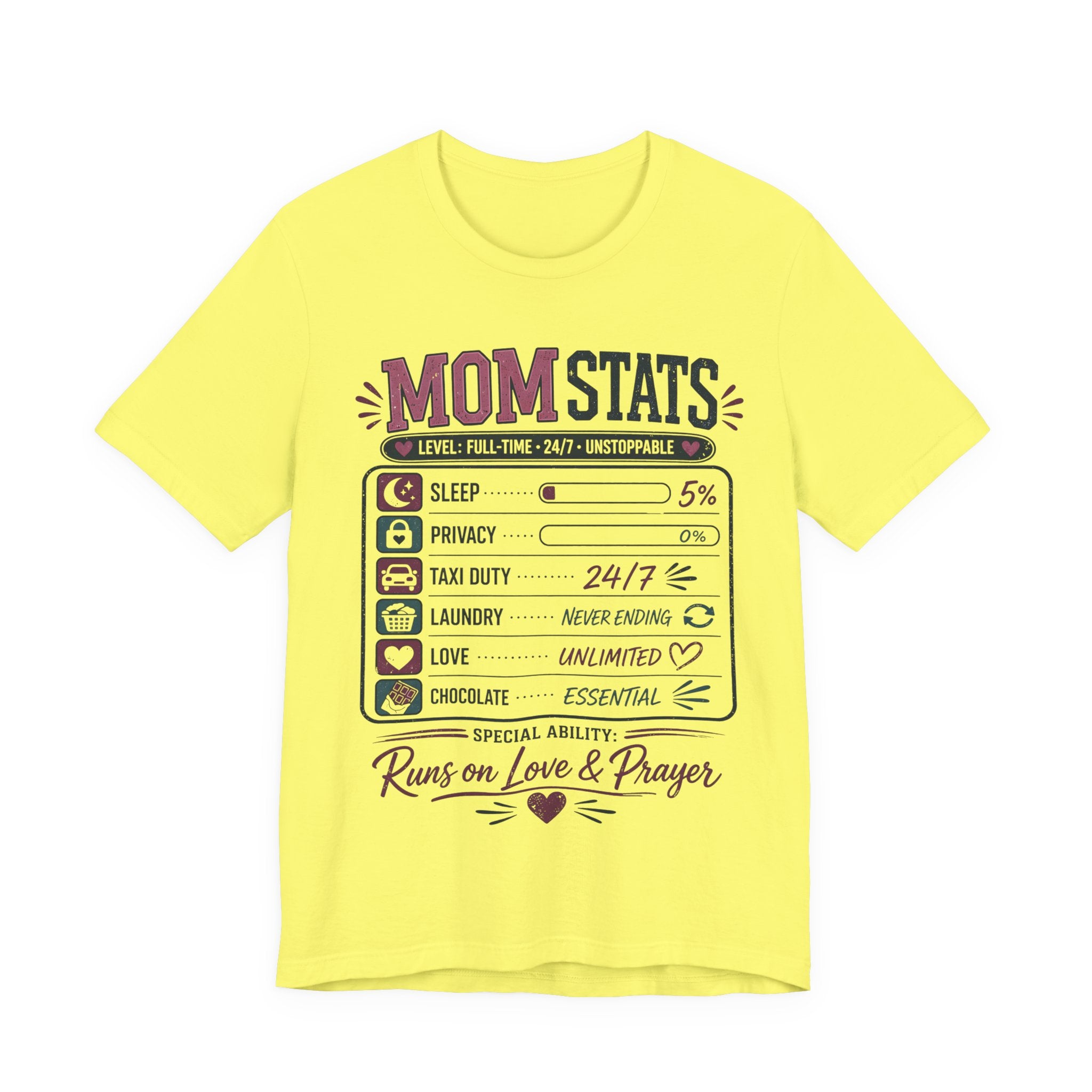 Yellow t-shirt with 'Mom Stats' graphic design.