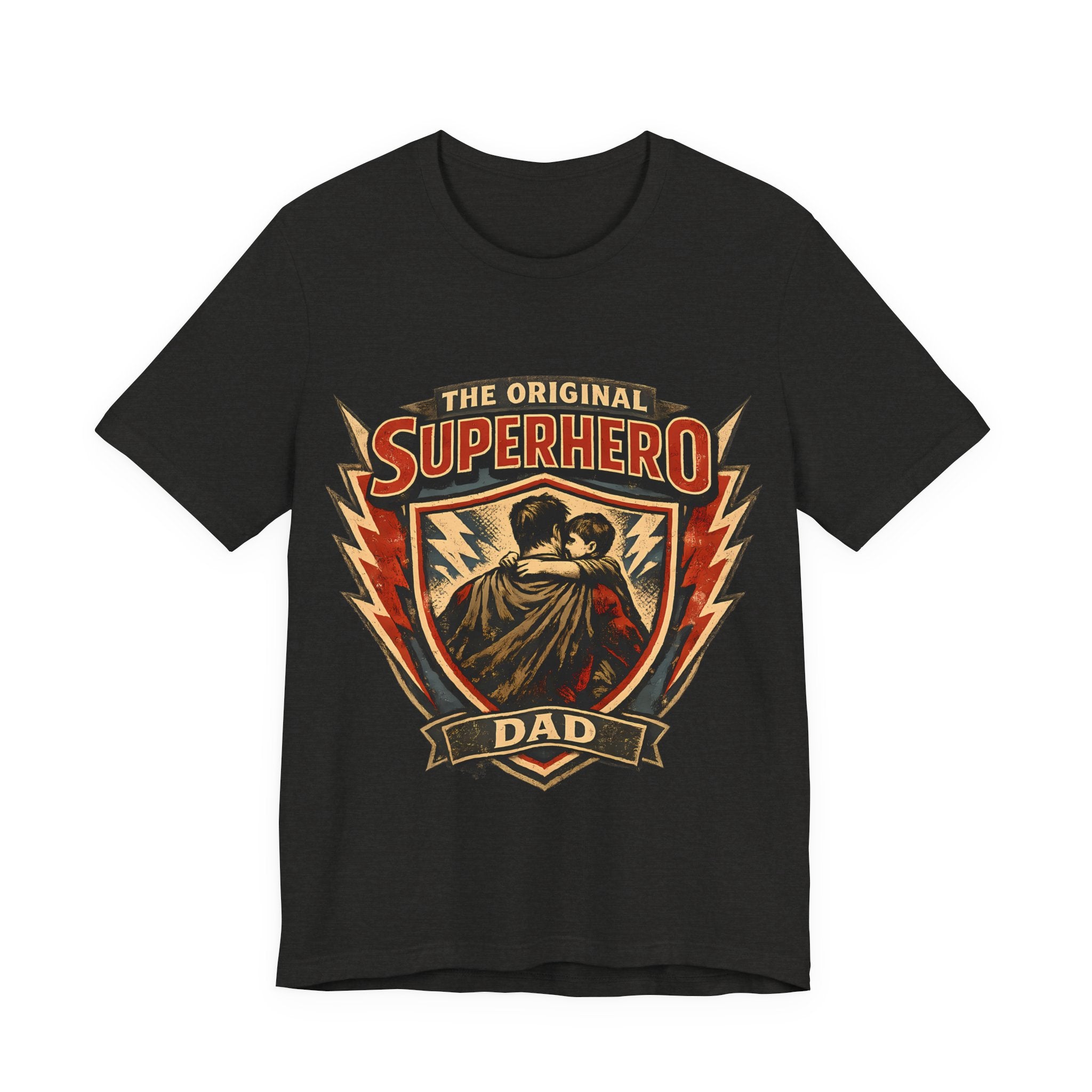 Black Heather t-shirt with 'The Original Superhero Dad' graphic design.
