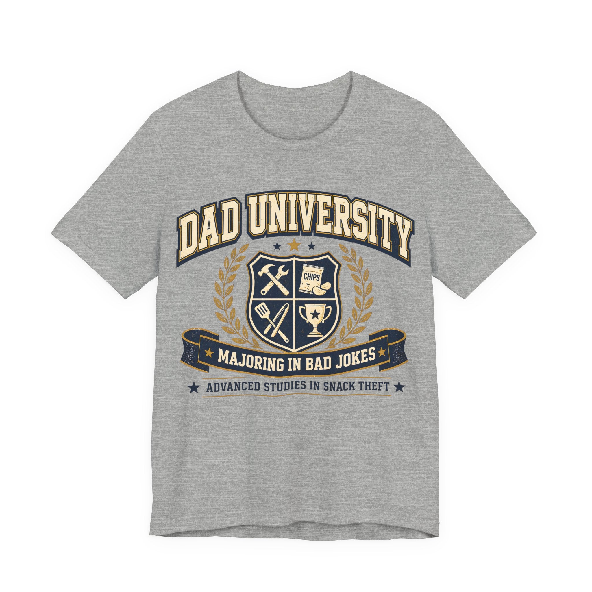 Athletic heather t-shirt with 'Dad University' graphic design.