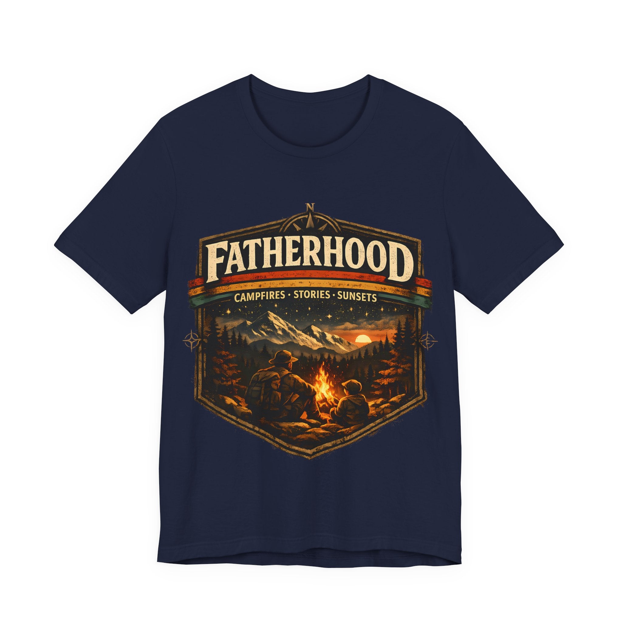 Navy t-shirt with 'Fatherhood' graphic design featuring a campfire scene