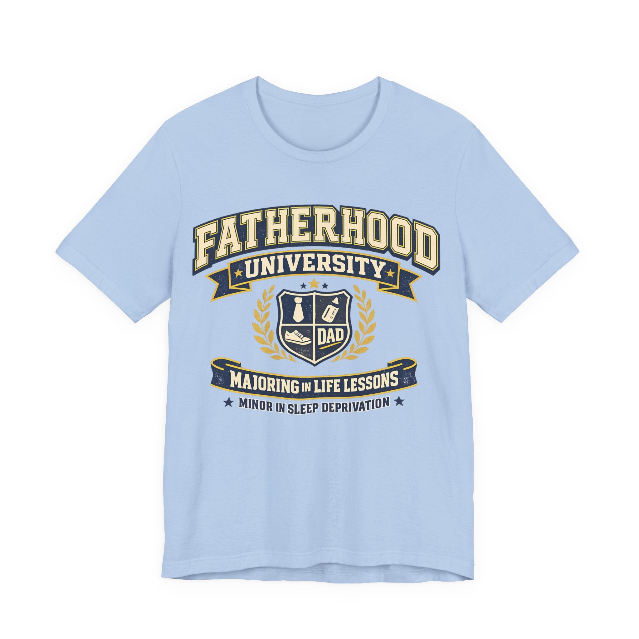Baby blue t-shirt with 'Fatherhood University' graphic design.