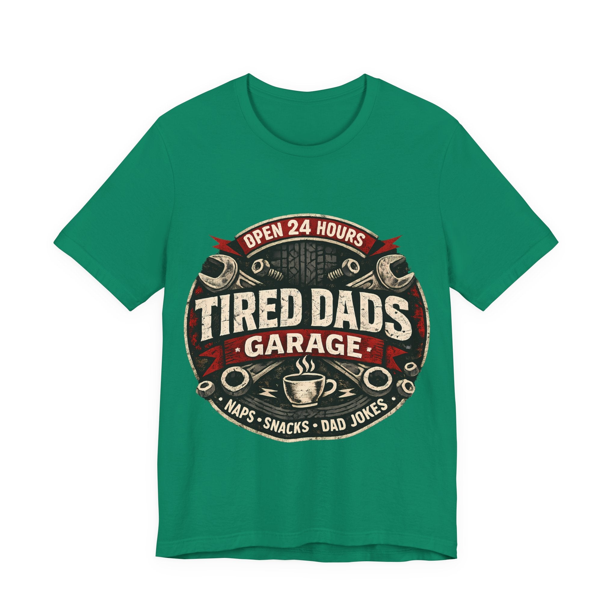 Kelly Green t-shirt with 'Tired Dads Garage' graphic design.
