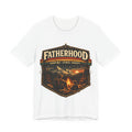 White t-shirt with 'Fatherhood' graphic design featuring a campfire scene on a white background