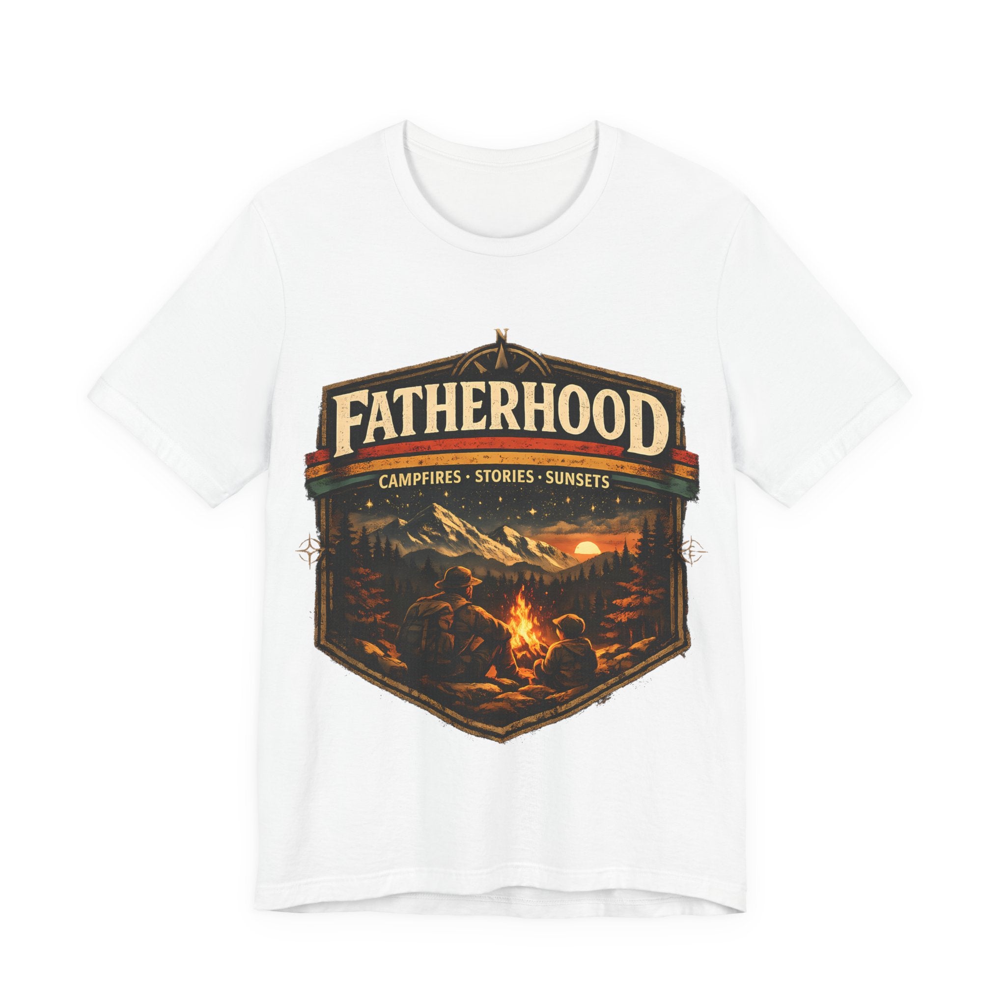 White t-shirt with 'Fatherhood' graphic design featuring a campfire scene on a white background