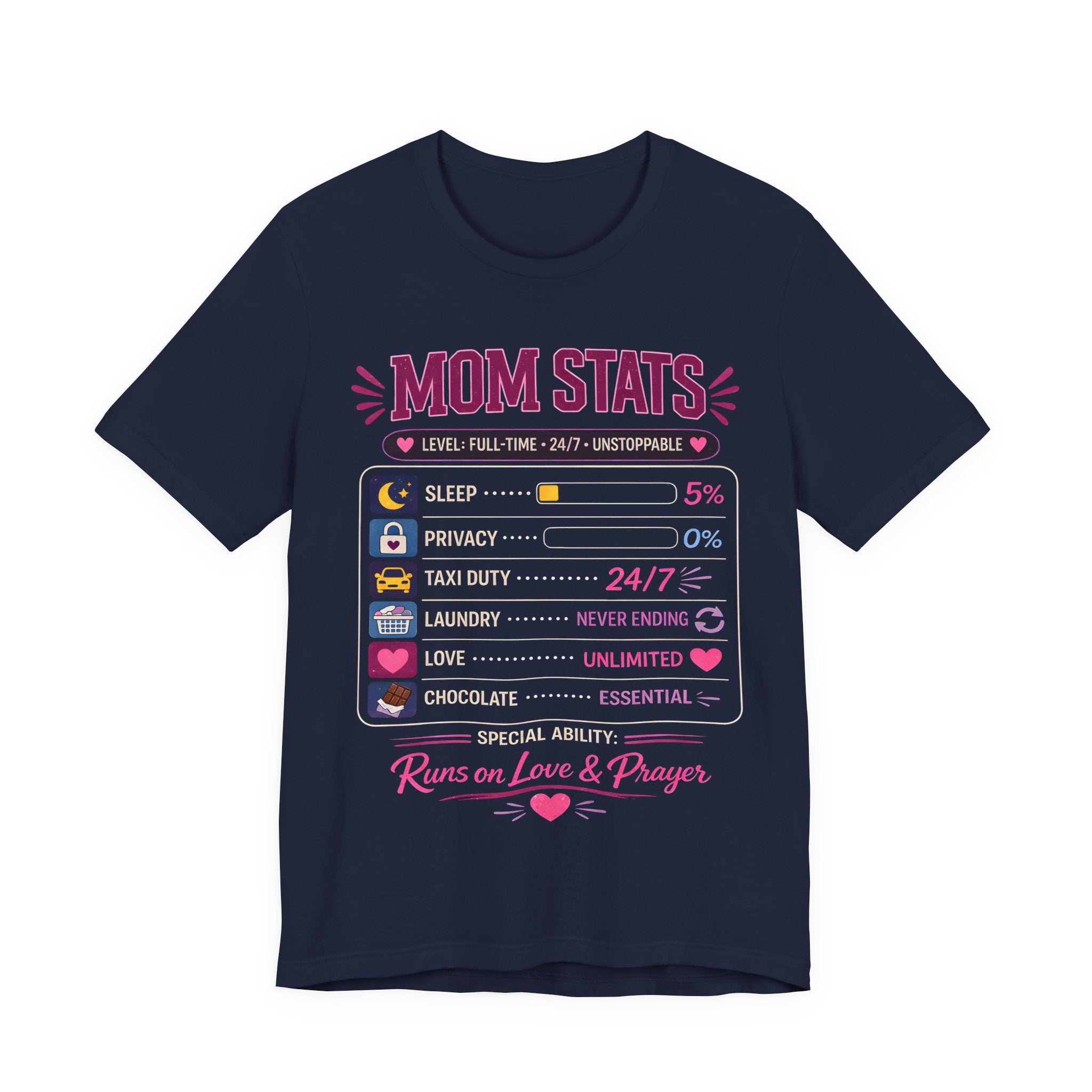 Navy t-shirt with a graphic design and text on a white background