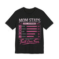Black t-shirt with 'Mom Stats' graphic design on a white background