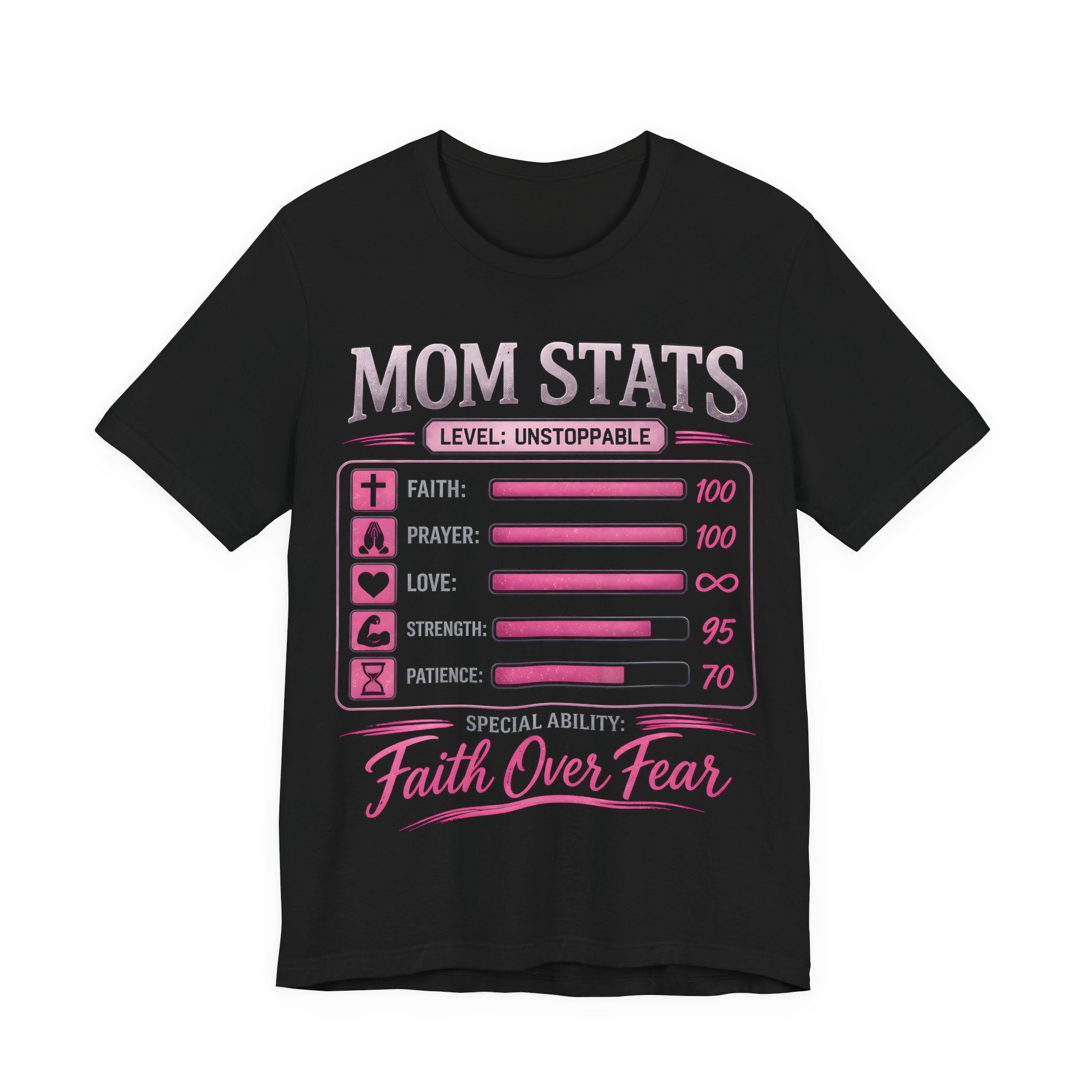 Black t-shirt with 'Mom Stats' graphic design on a white background