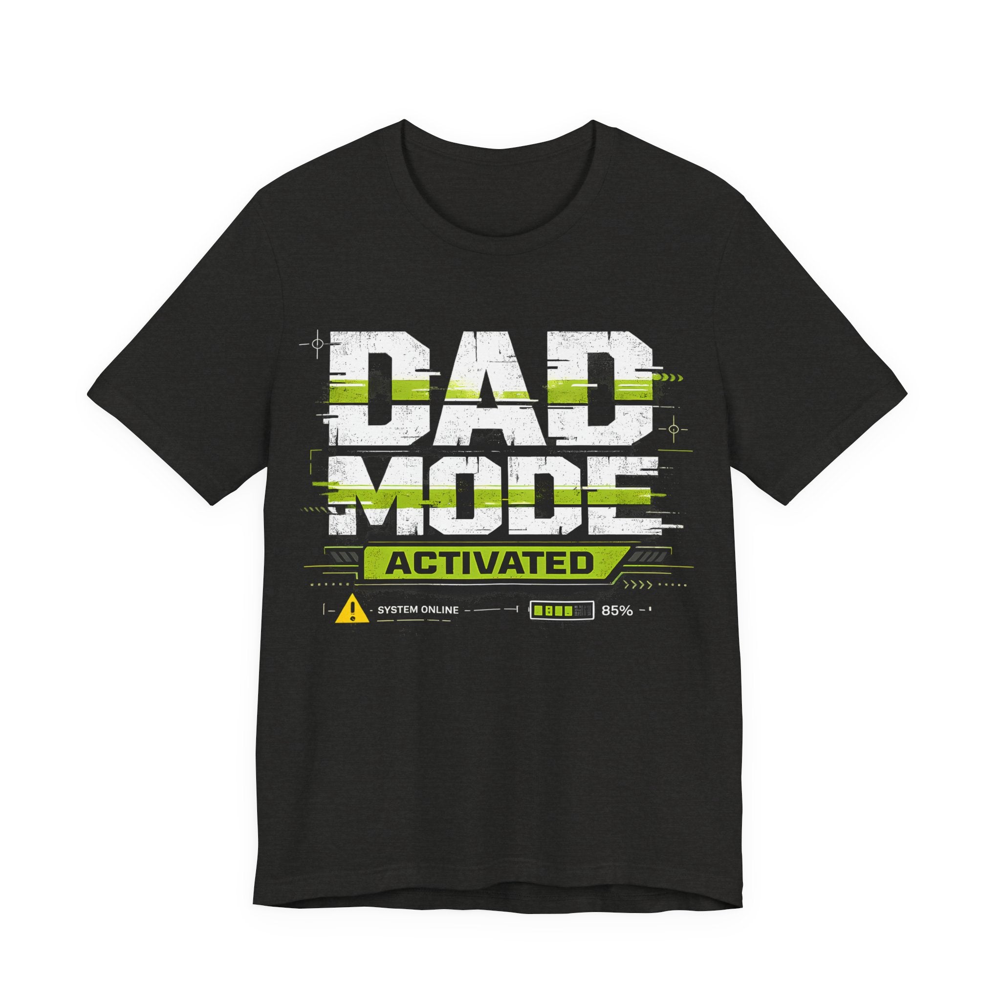 Black Heather t-shirt with 'Dad Mode Activated' text design on a white background