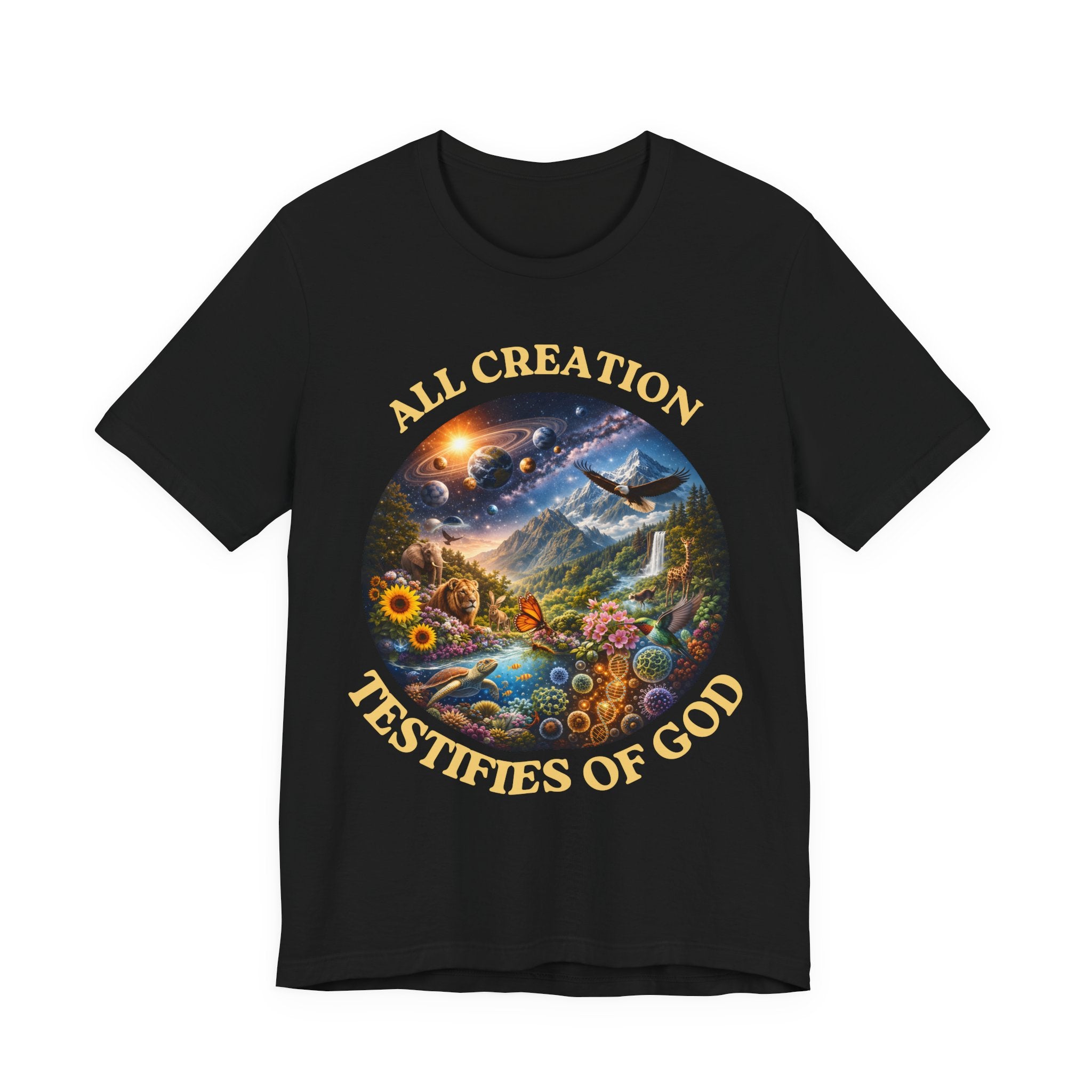 A black short-sleeve crewneck t-shirt featuring a large circular multicolor graphic on the chest with the text 'ALL CREATION TESTIFIES OF GOD' in gold lettering, shown against a plain white background.