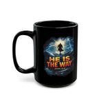 Black mug with a religious design featuring a silhouette and text on a white background