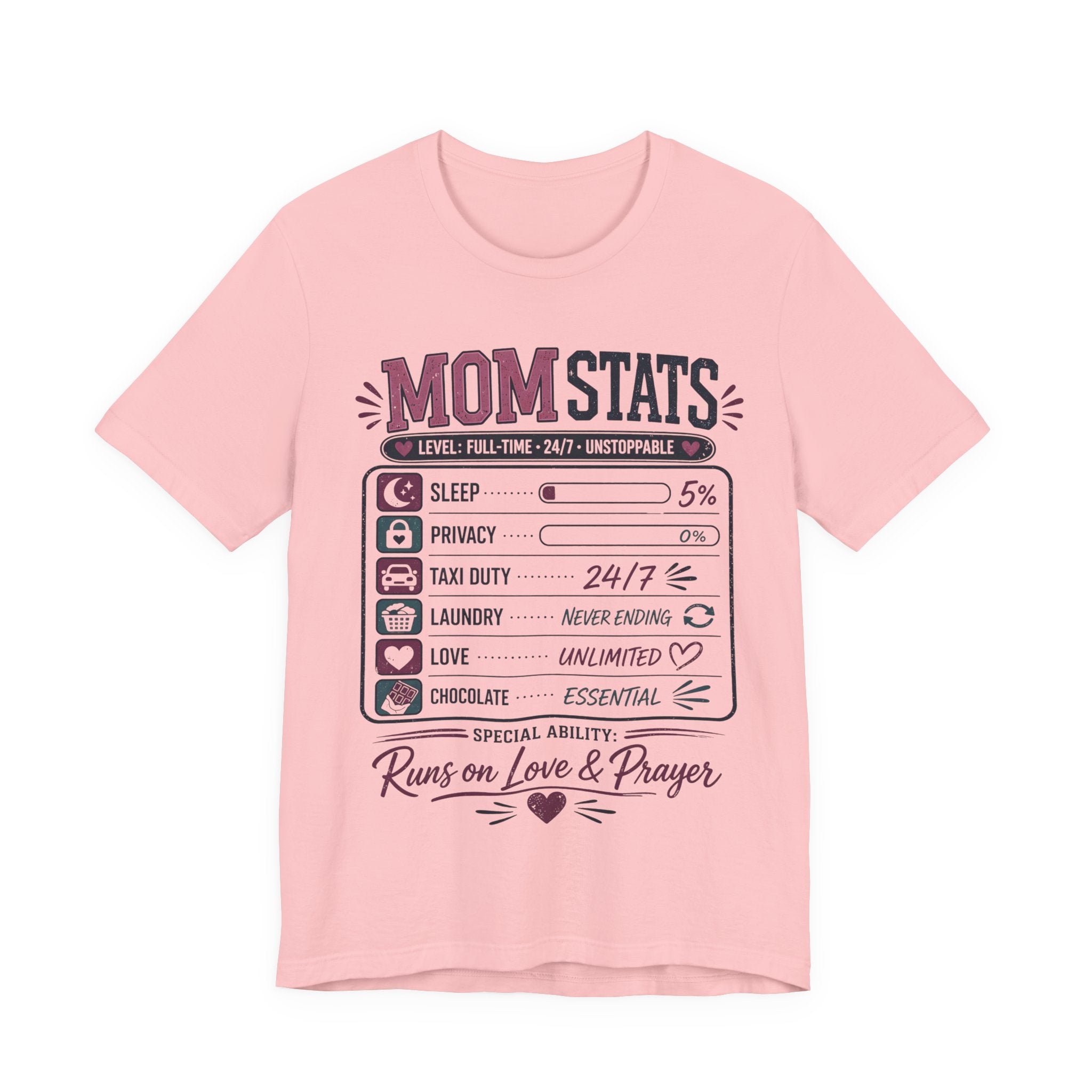 pink t-shirt with 'Mom Stats' graphic design.