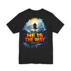 Black t-shirt with a religious design featuring a figure walking on water and 'He is the Way' text.