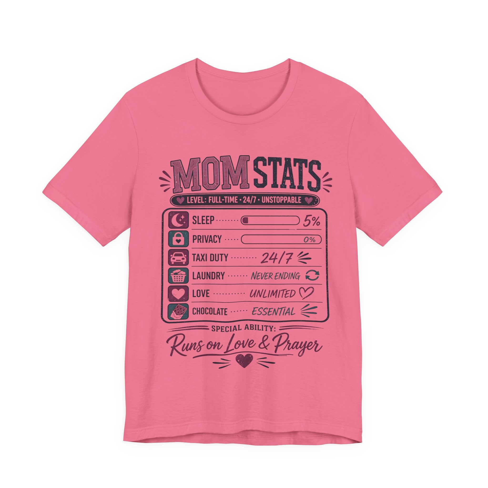 Charity pink t-shirt with 'Mom Stats' graphic design.