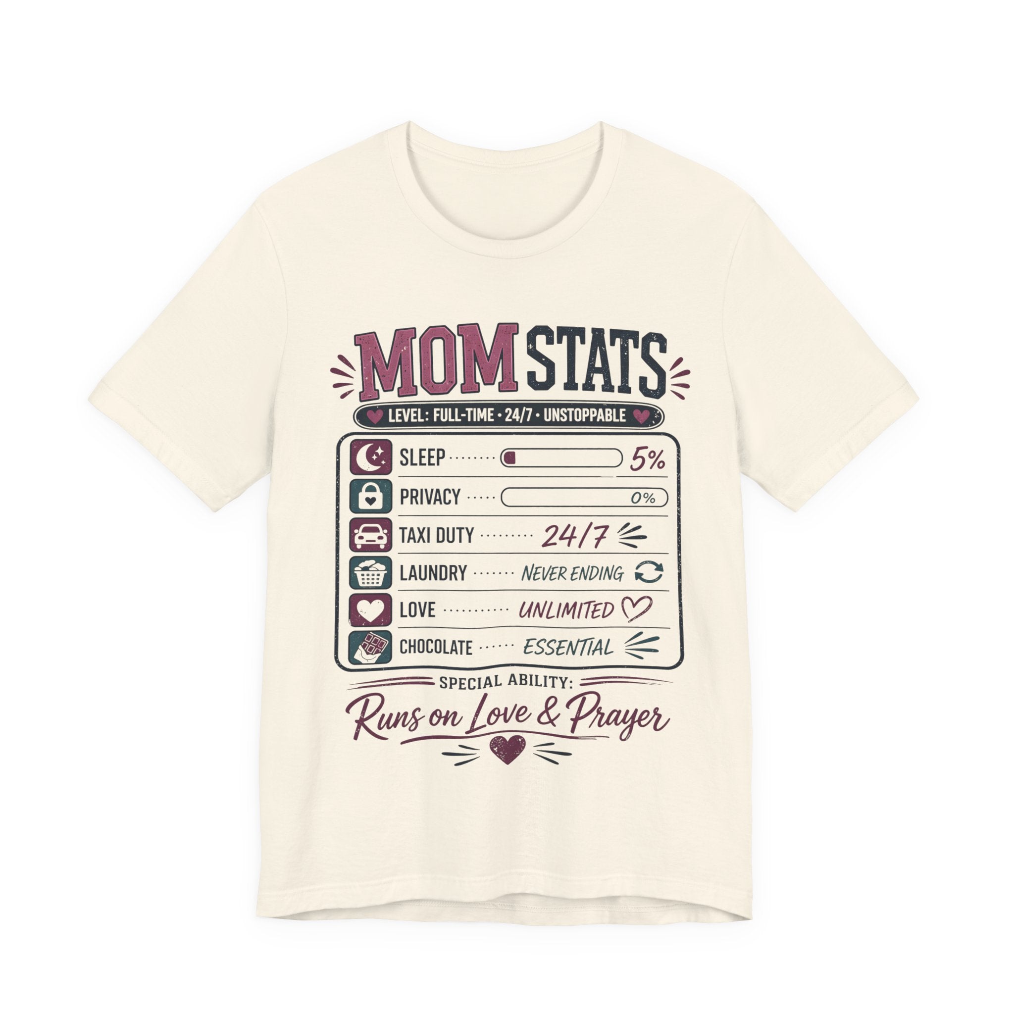 Natural t-shirt with 'Mom Stats' graphic design.