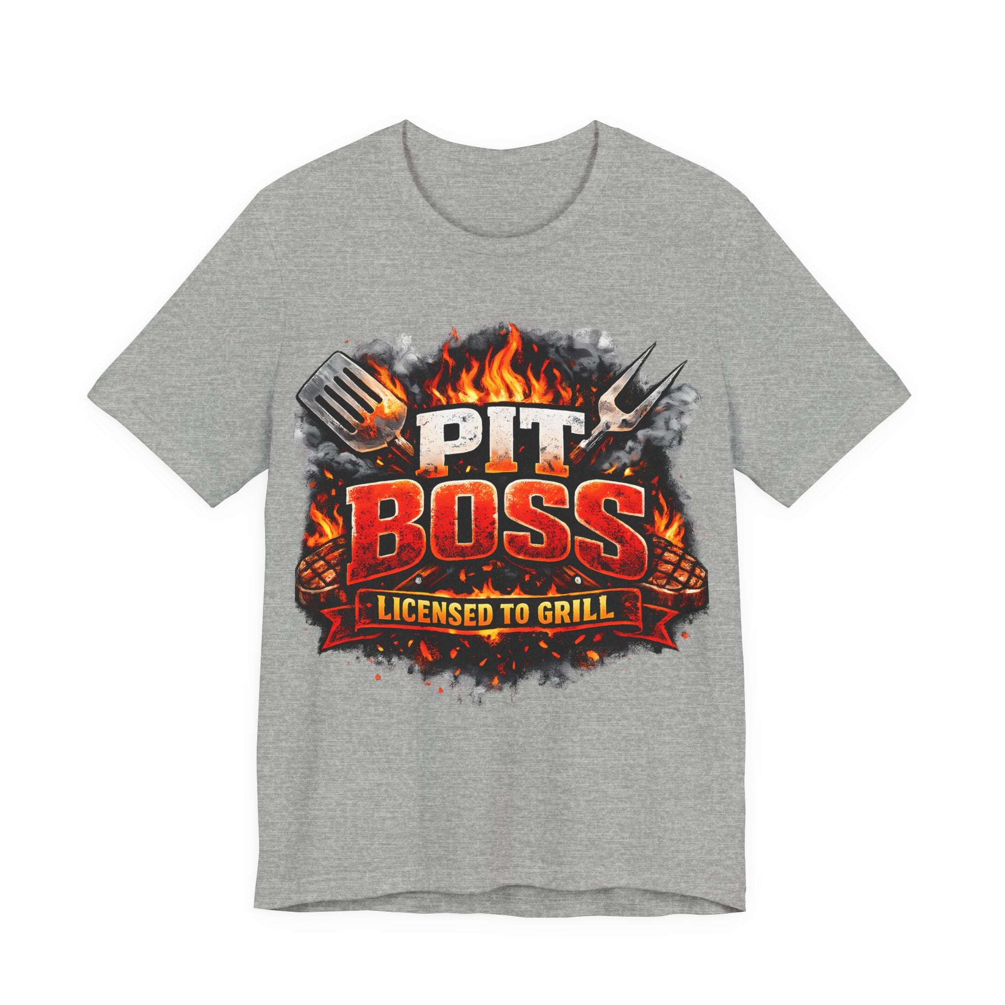 athletic heather t-shirt with 'Pit Boss Licensed to Grill' graphic on a white background