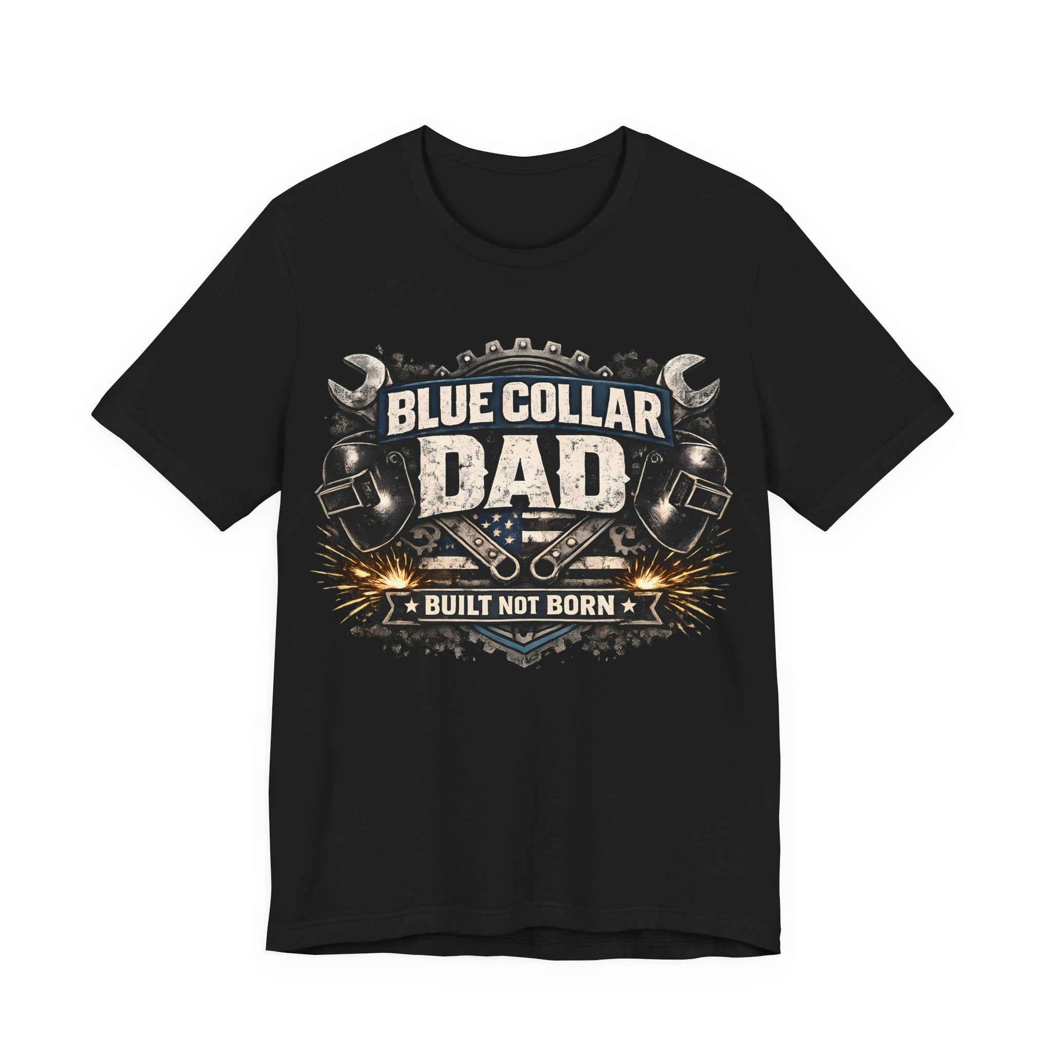 Black t-shirt with 'Blue Collar Dad' graphic design