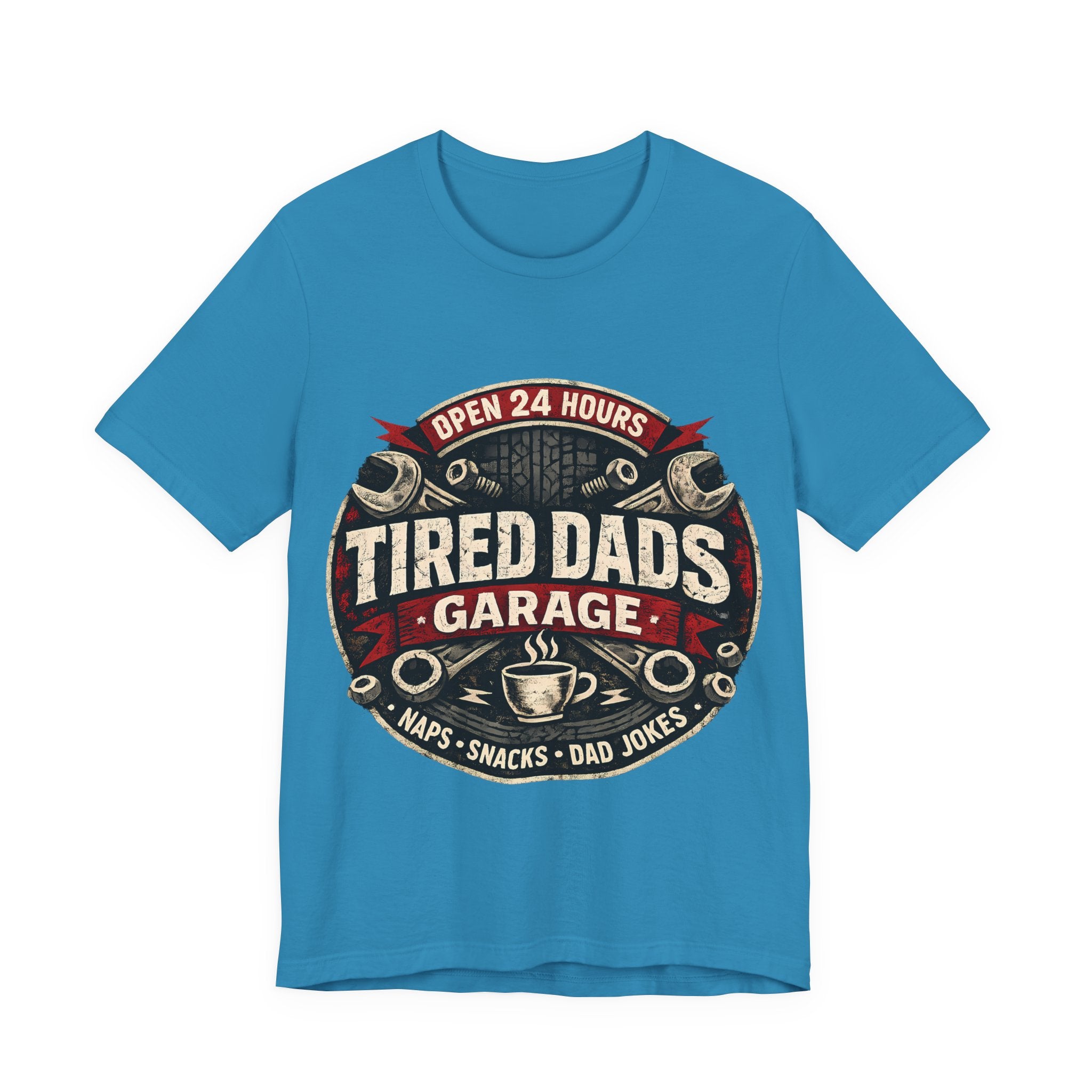 Aqua t-shirt with 'Tired Dads Garage' graphic design.