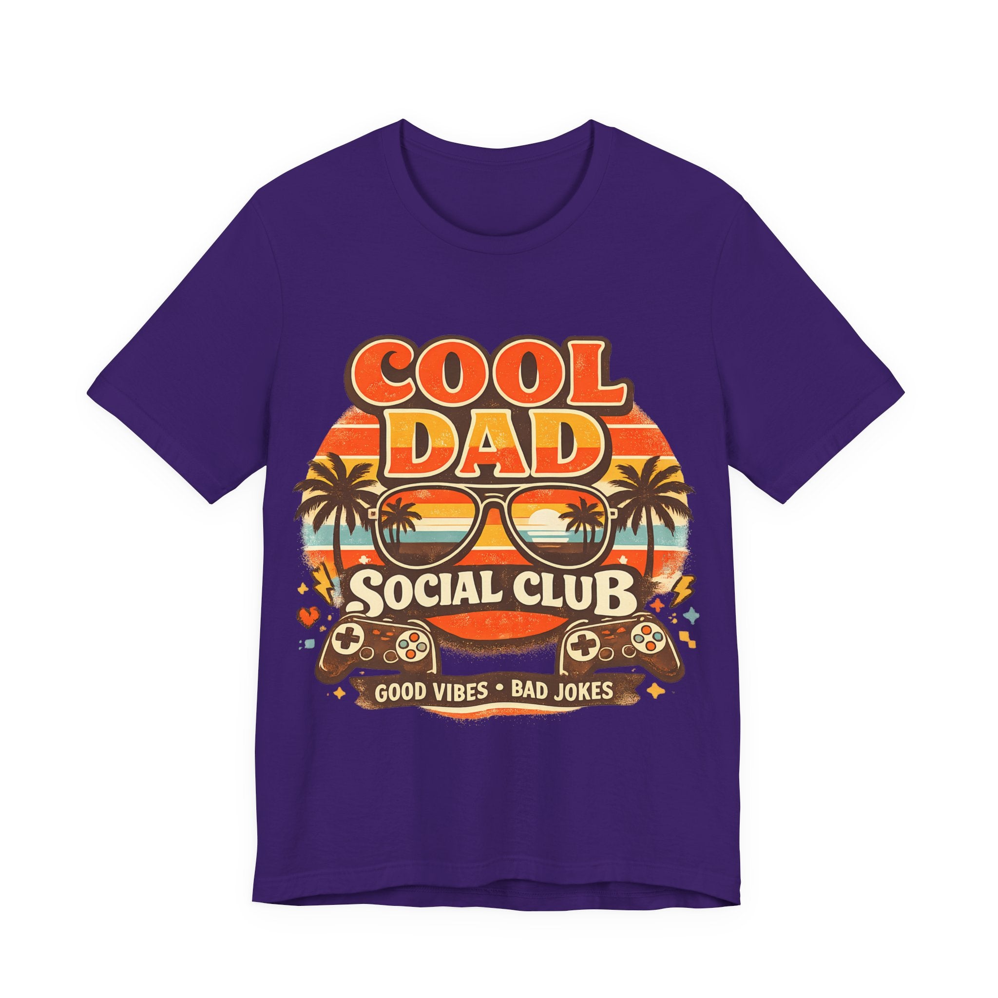 Purple t-shirt with 'Cool Dad Social Club' graphic design on a white background