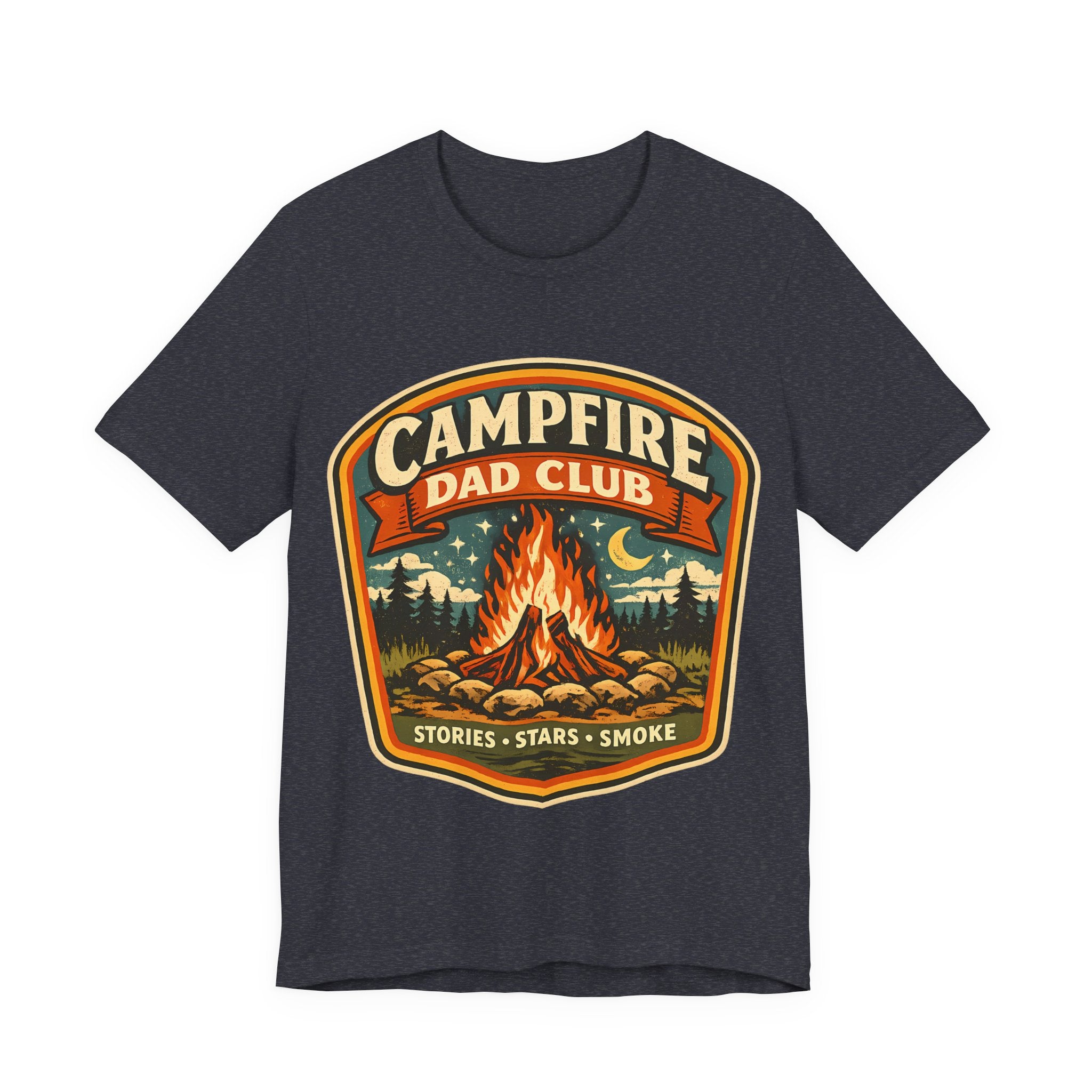 Heather Navy t-shirt with 'Campfire Dad Club' graphic design featuring a campfire and nature elements.