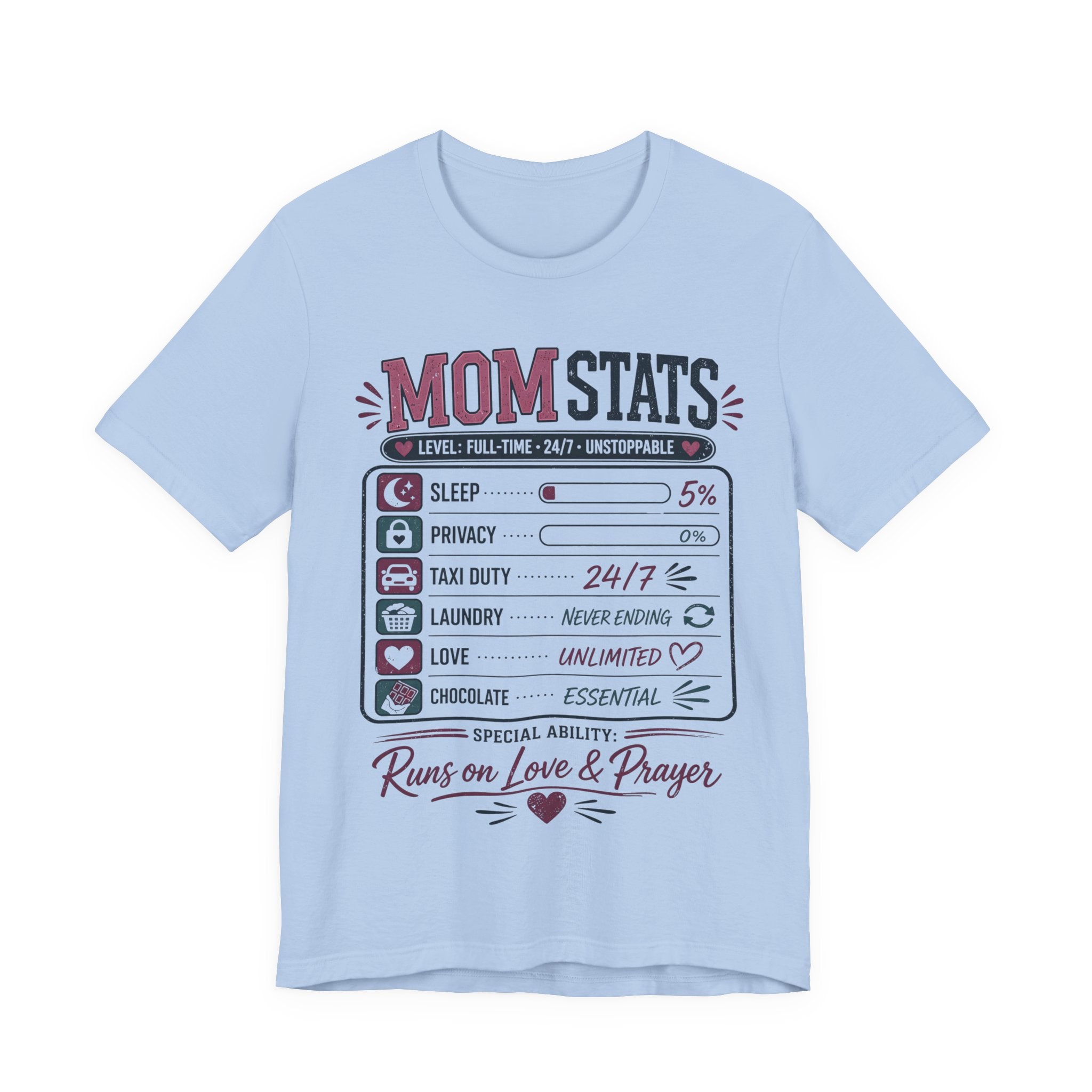 Baby blue t-shirt with 'Mom Stats' graphic design.