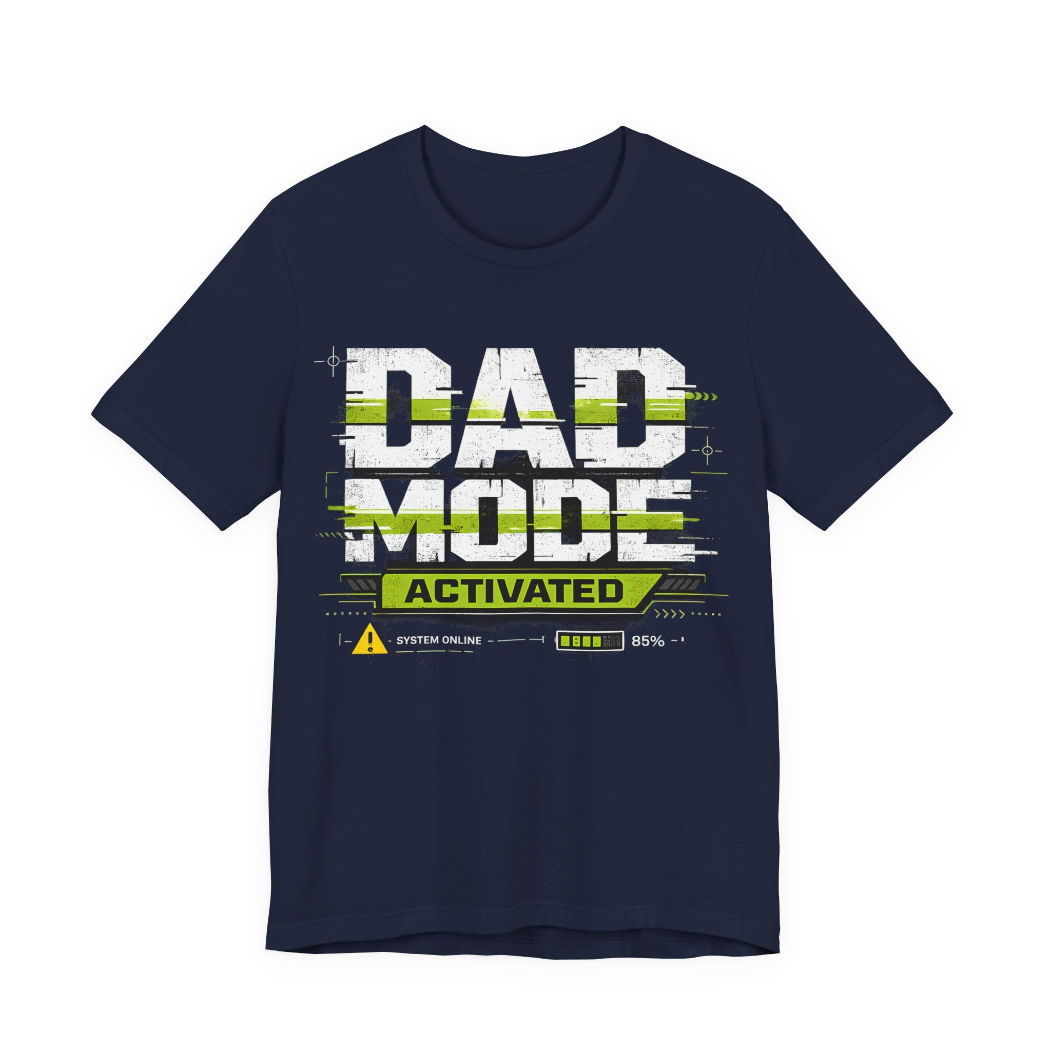 Navy blue t-shirt with 'Dad Mode Activated' text design on a white background