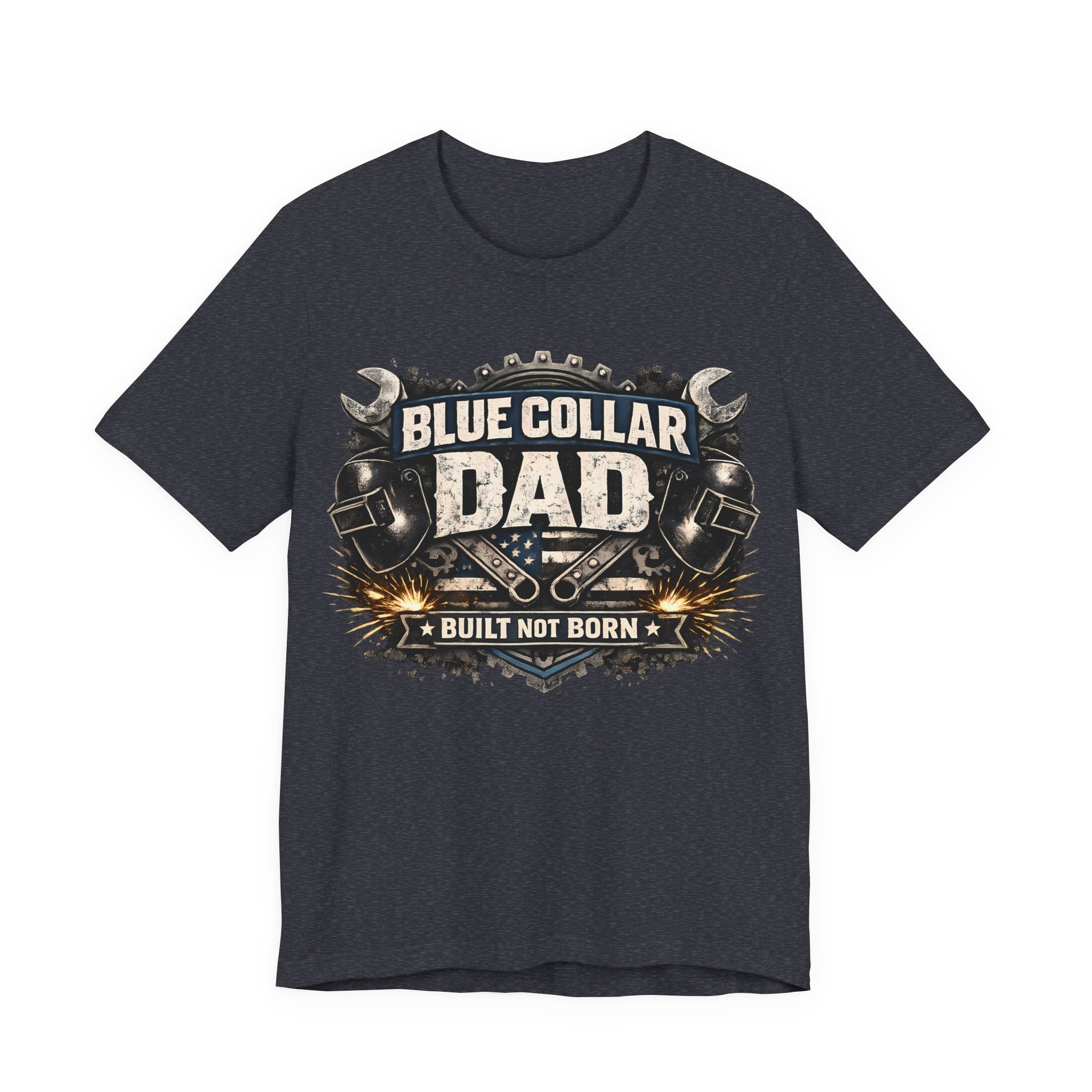 Heather Navy t-shirt with 'Blue Collar Dad' graphic design
