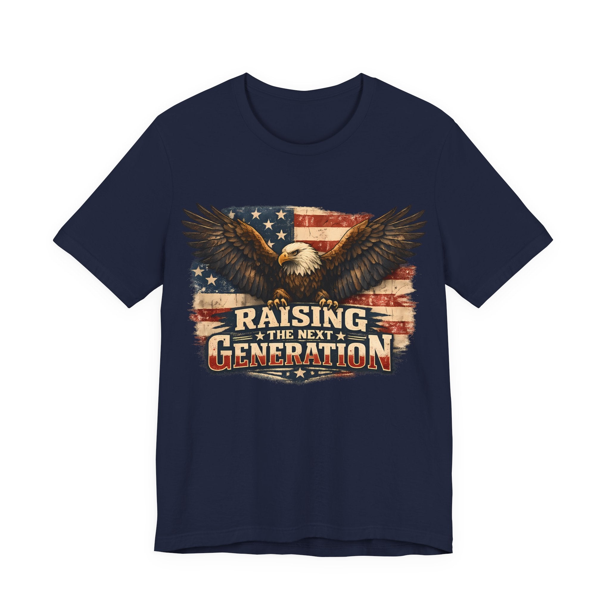Navy blue t-shirt with an eagle and American flag graphic on a white background