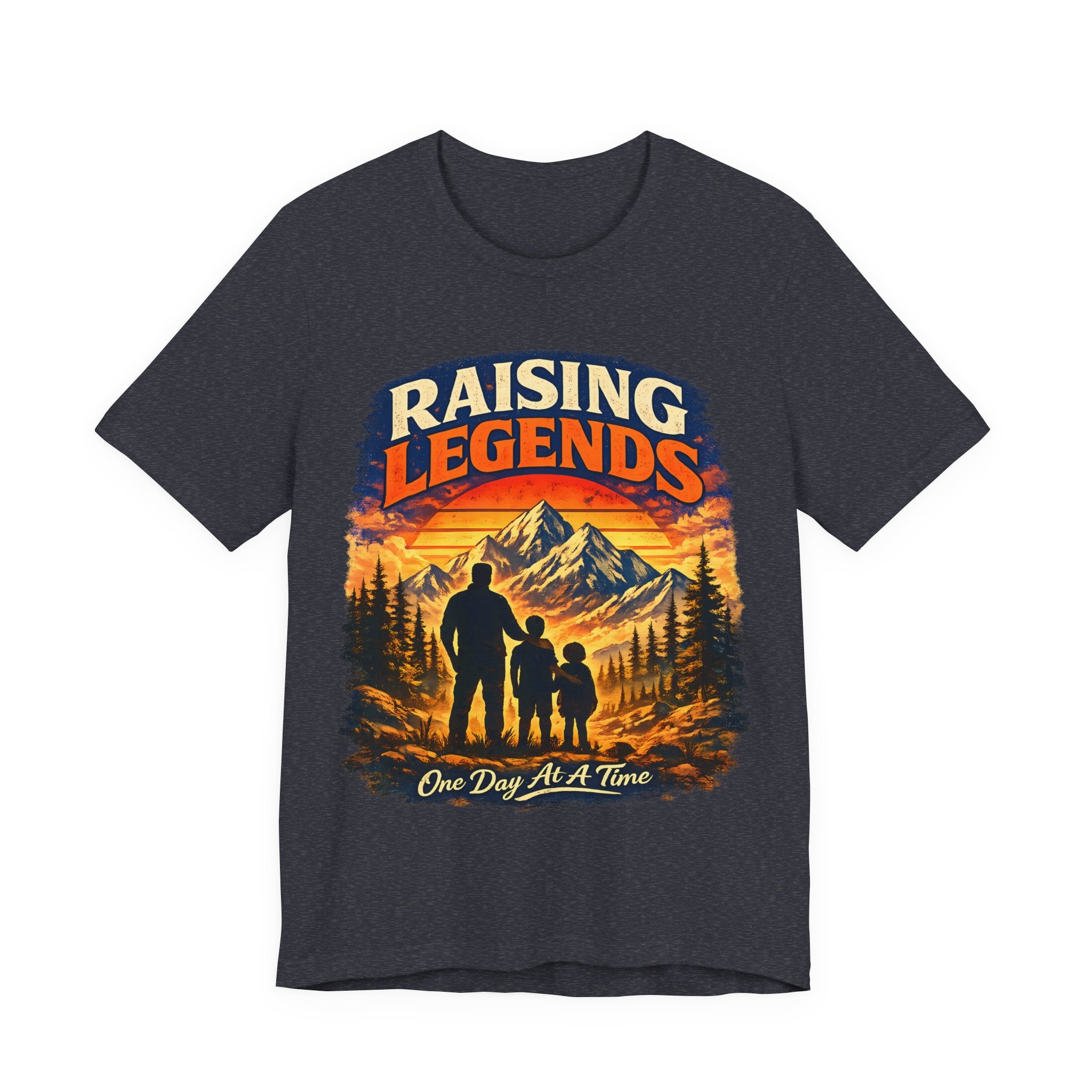 heather navy t-shirt with 'Raising Legends' graphic design featuring a silhouette of a father and two children against a mountain backdrop.