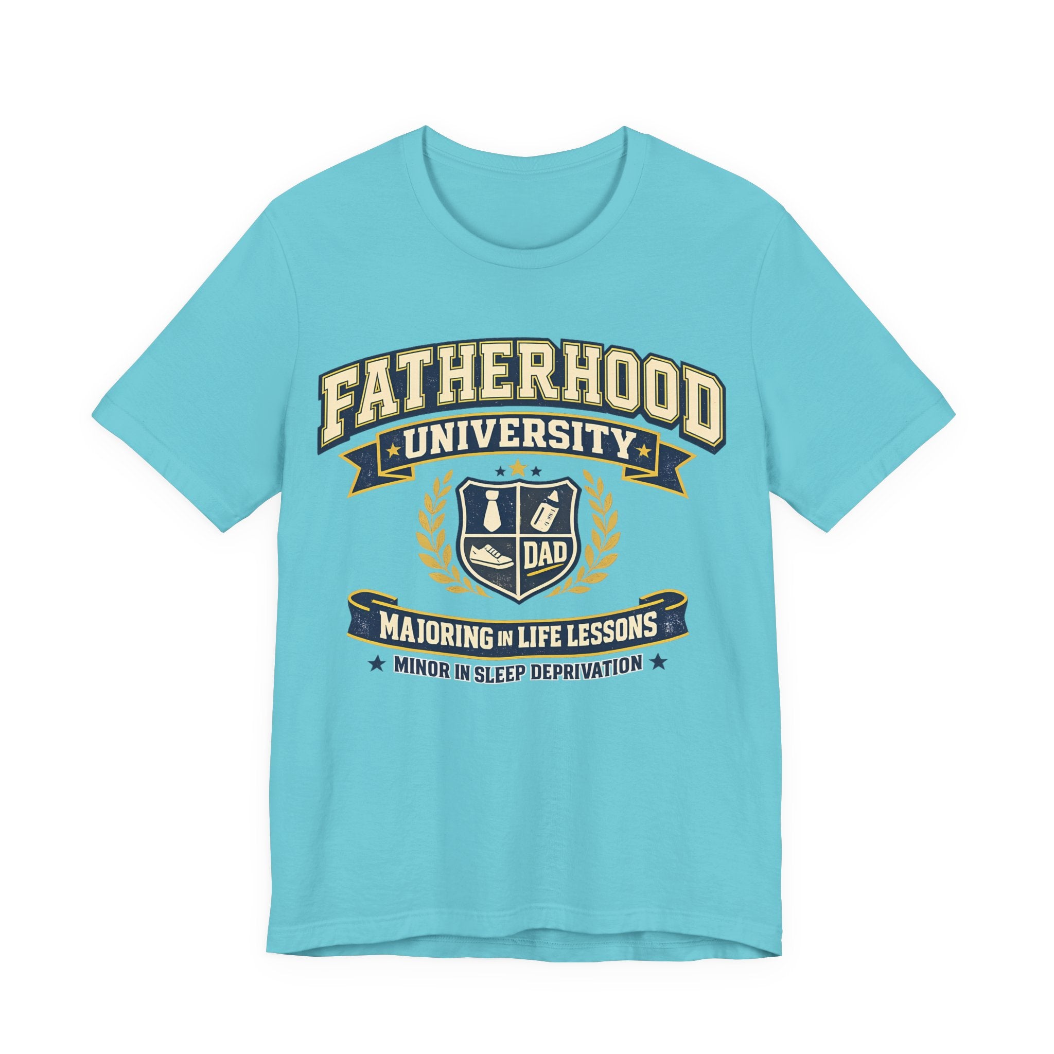 Turquoise blue t-shirt with 'Fatherhood University' graphic design.