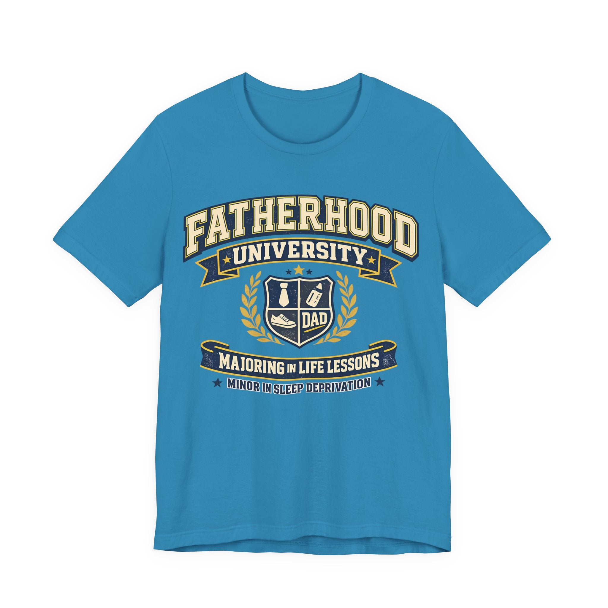 Aqua t-shirt with 'Fatherhood University' graphic design.