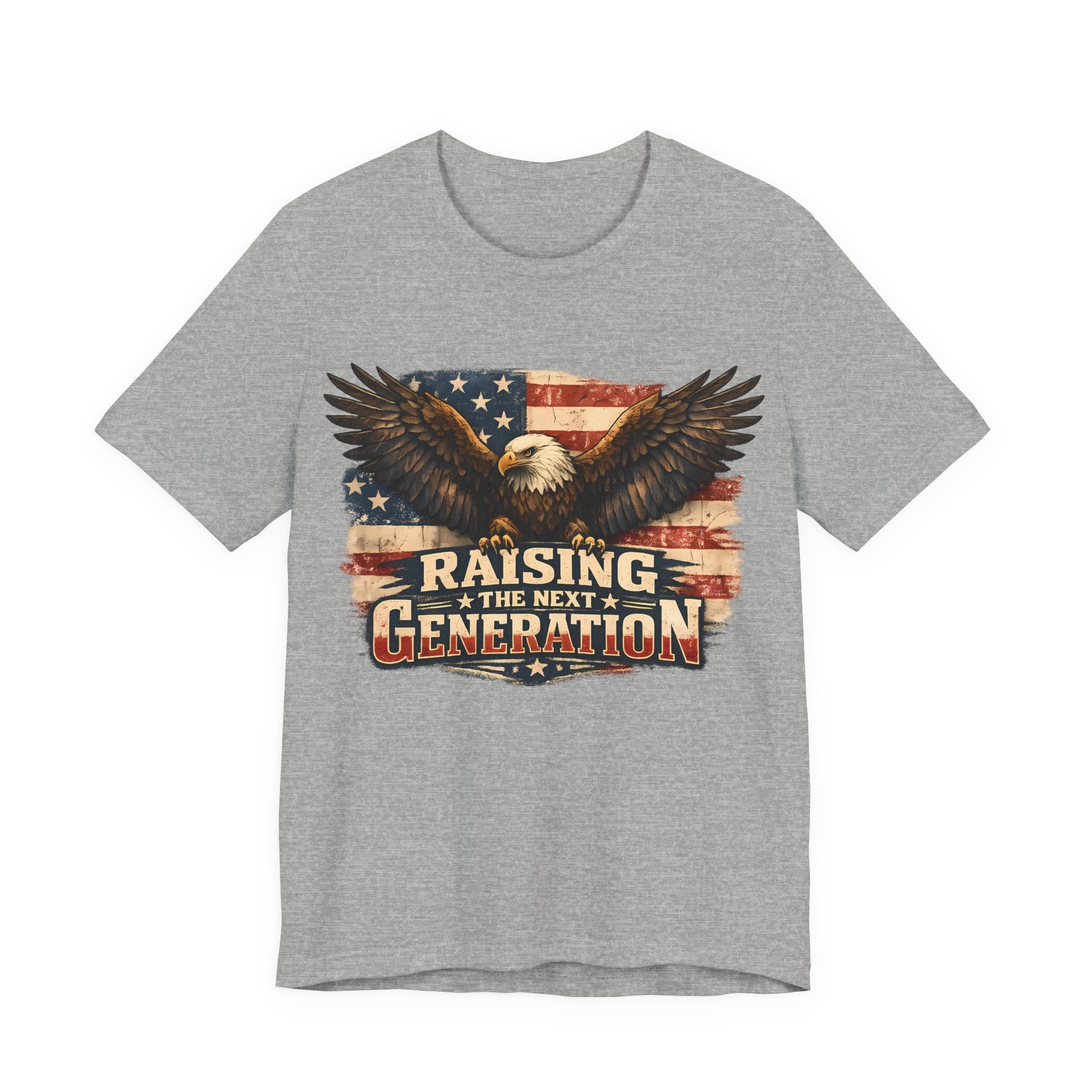 Athletic heather t-shirt with an eagle and American flag design on a white background