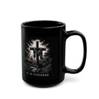 Black mug with a cross and 'It is Finished' text on a white background