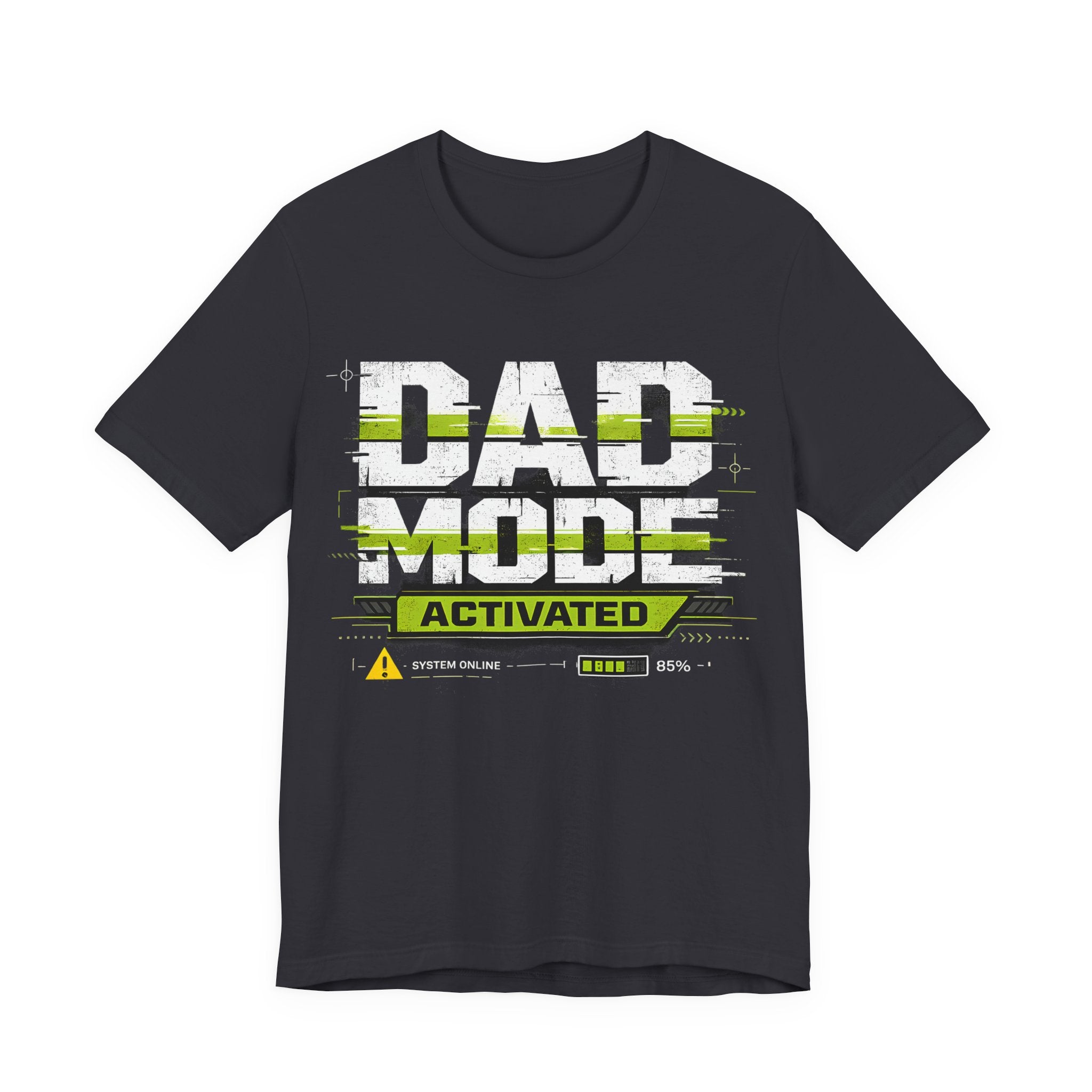 Dark Grey t-shirt with 'Dad Mode Activated' text design on a white background