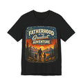 Black t-shirt with 'Fatherhood is the Greatest Adventure' graphic design on a white background
