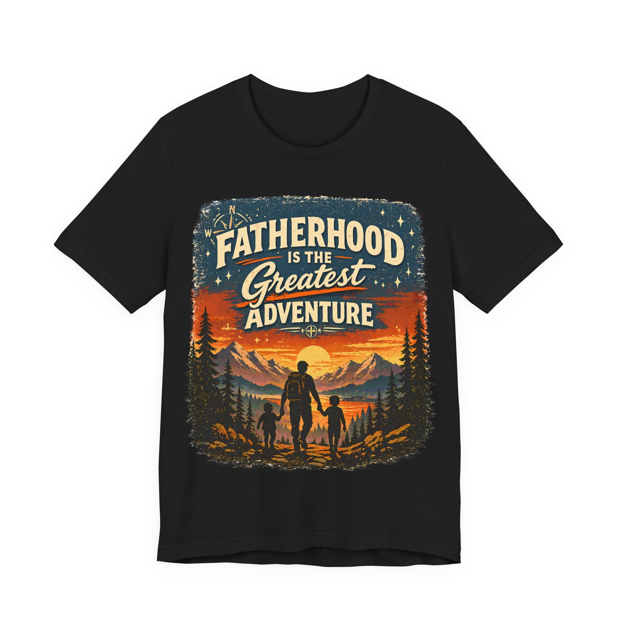 Black t-shirt with 'Fatherhood is the Greatest Adventure' graphic design on a white background