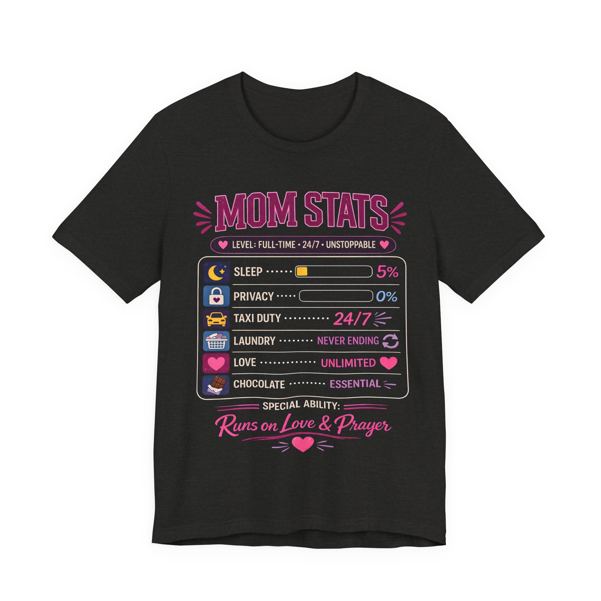 Black Heather t-shirt with a graphic design and text on a white background