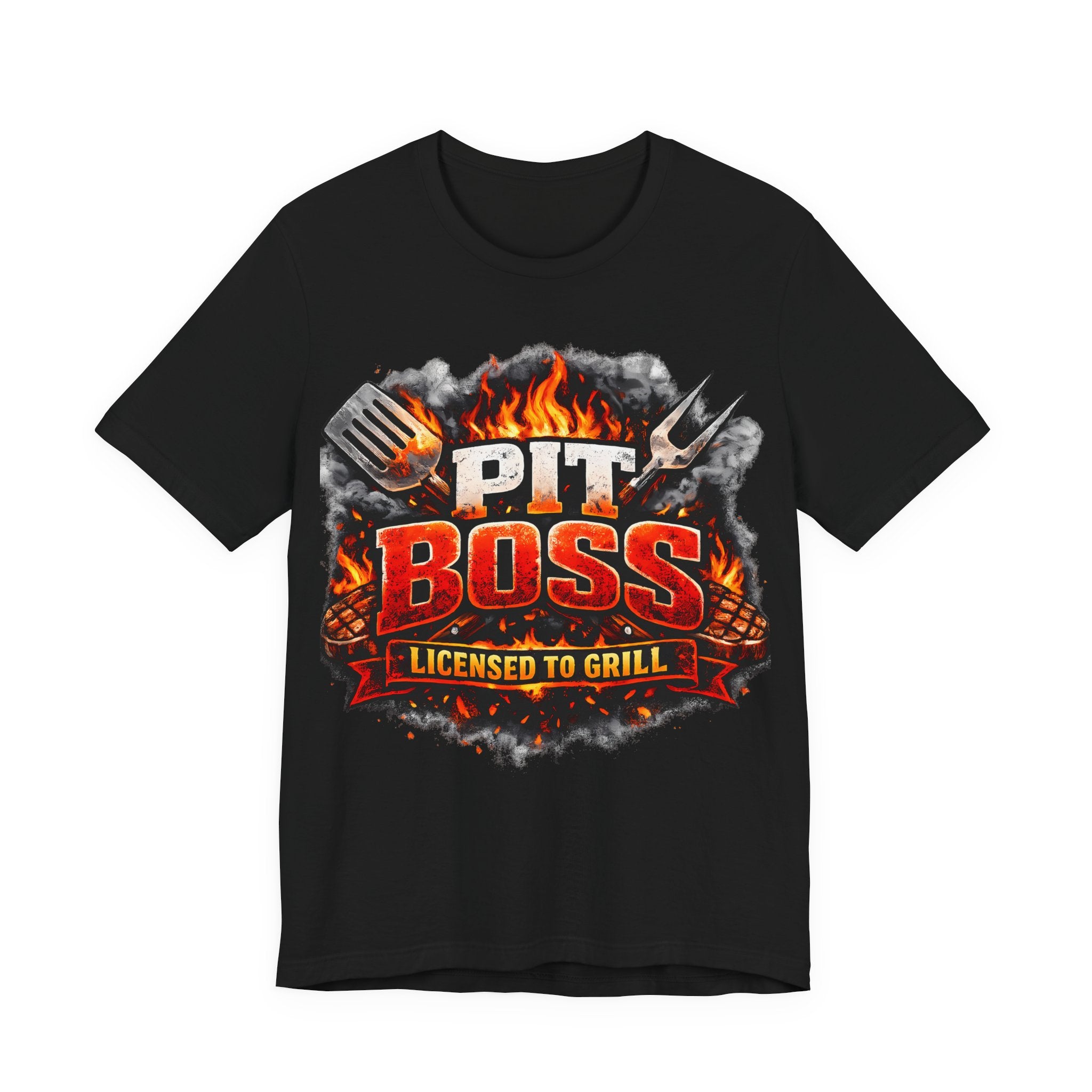 Black t-shirt with 'Pit Boss Licensed to Grill' graphic design on a white background
