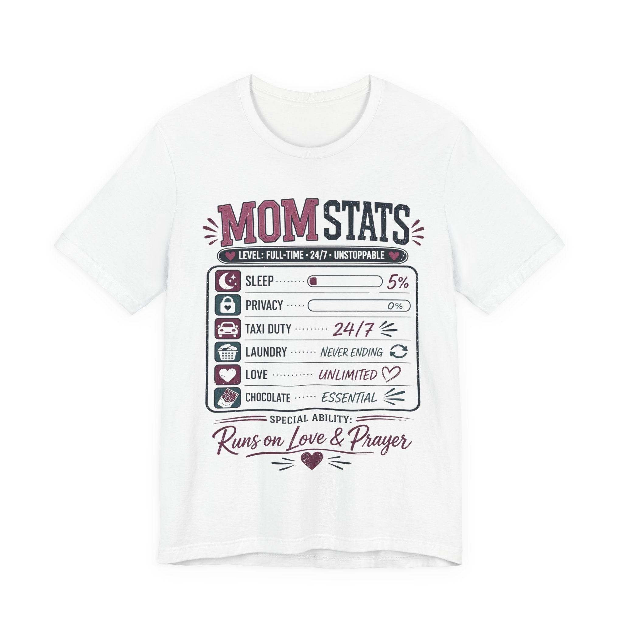 White t-shirt with 'Mom Stats' graphic design.