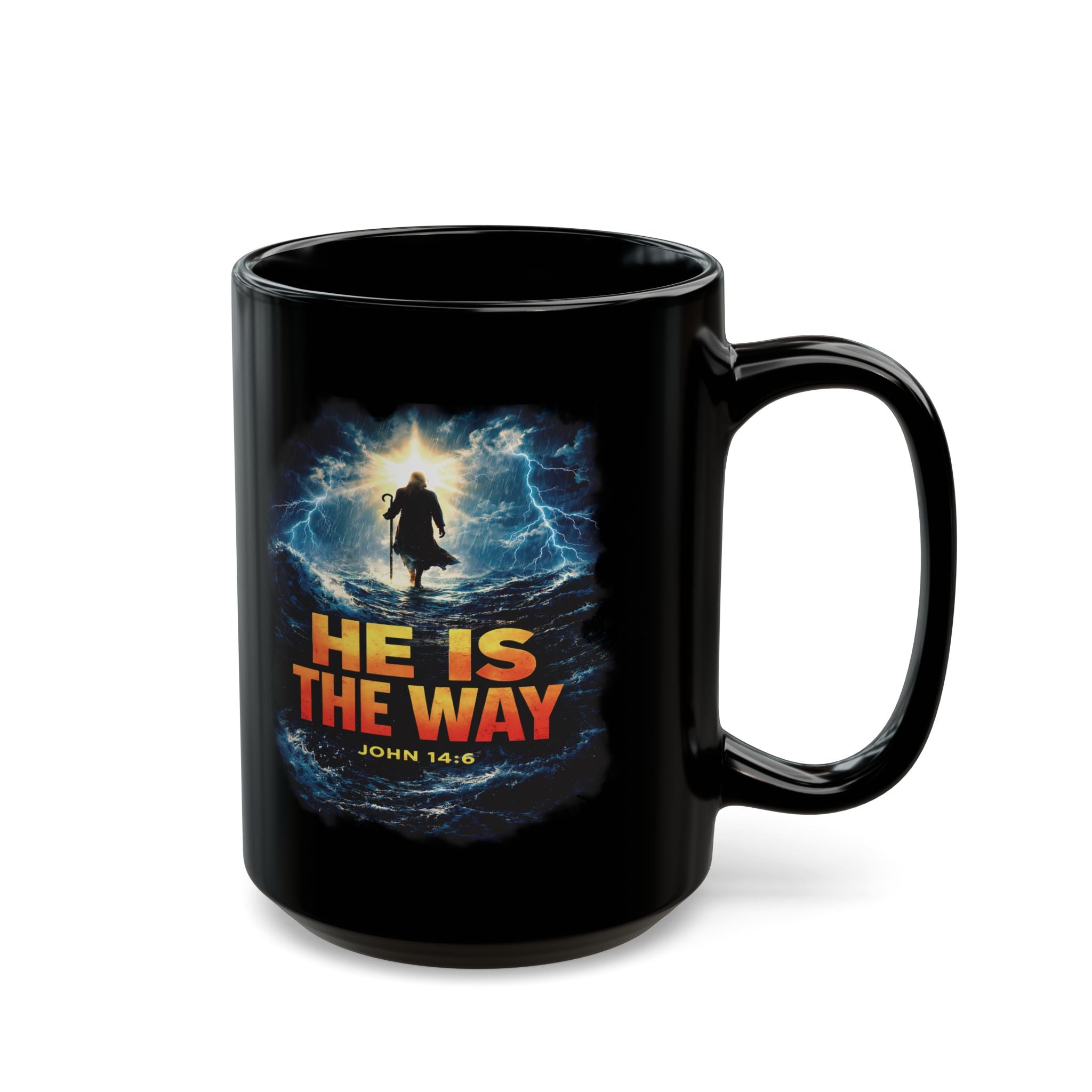 Black mug with a religious design featuring a silhouette of a person walking on water and text 'He is the Way, John 14:6' on a white background.