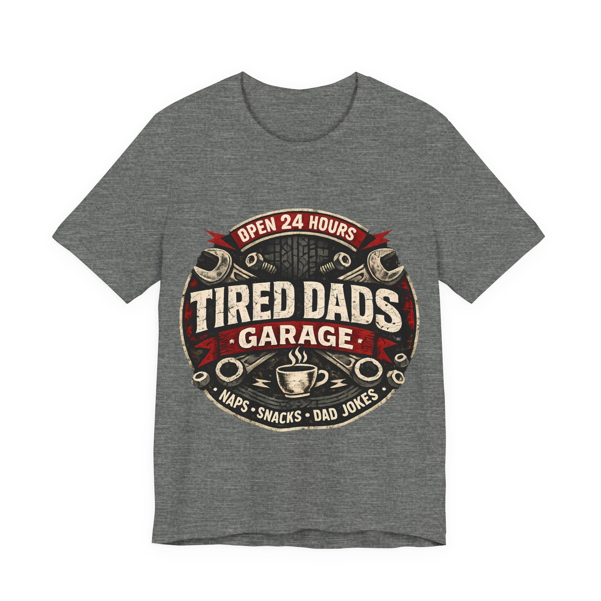 Deep Heather t-shirt with 'Tired Dads Garage' graphic design.