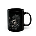 Black mug with white graphic design on a white background