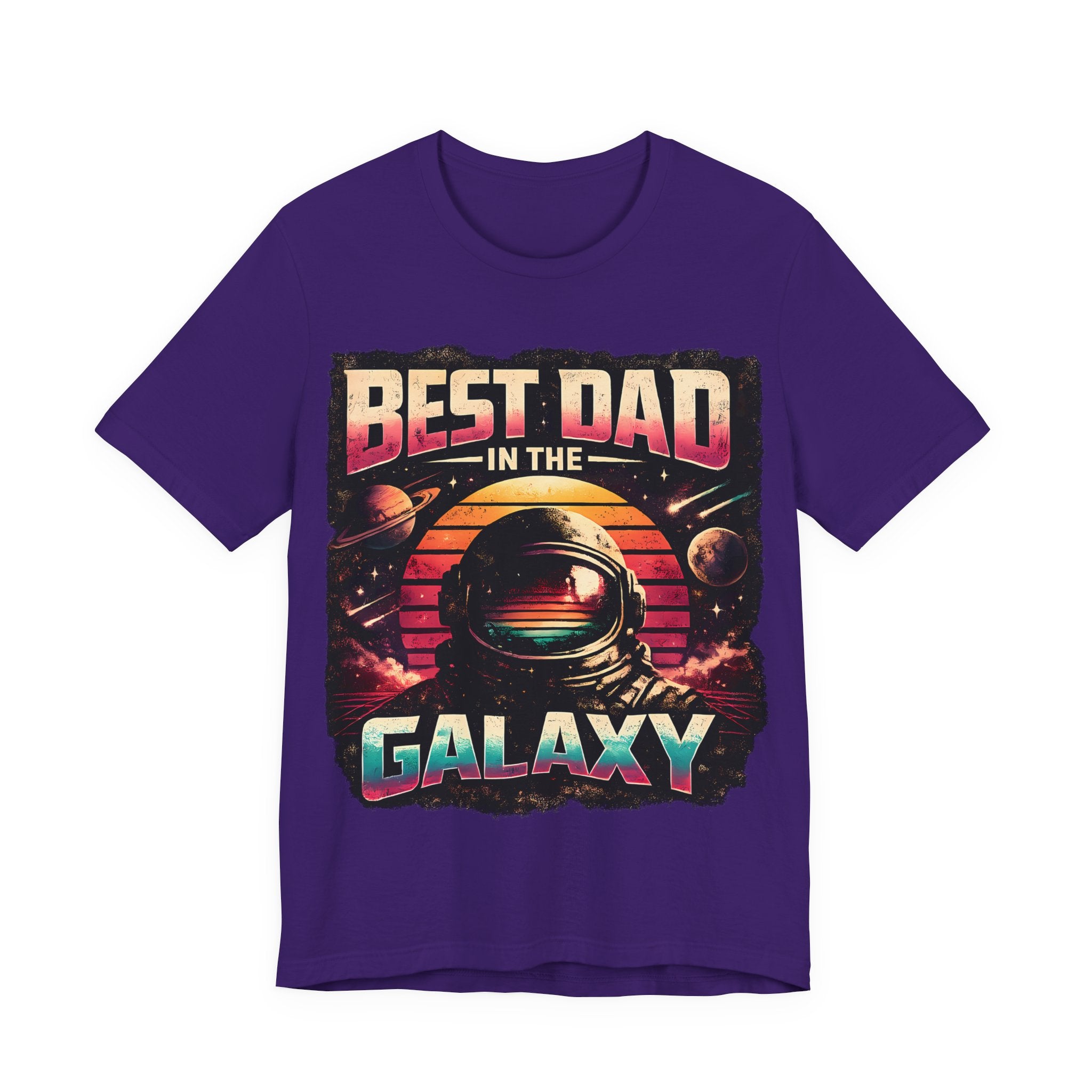 Purple t-shirt with 'Best Dad in the Galaxy' graphic design on a white background