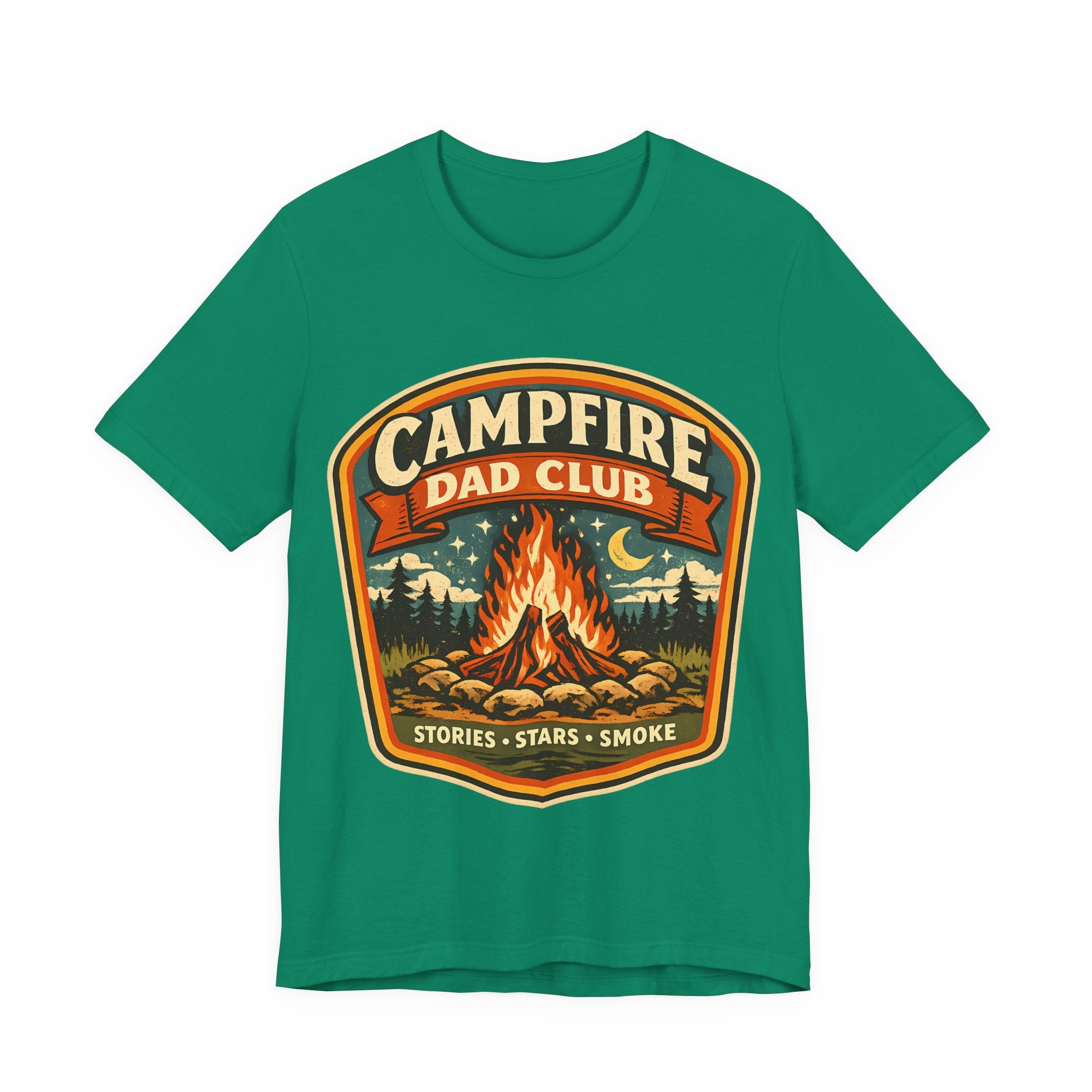 Kelly t-shirt with 'Campfire Dad Club' graphic design featuring a campfire and nature elements.