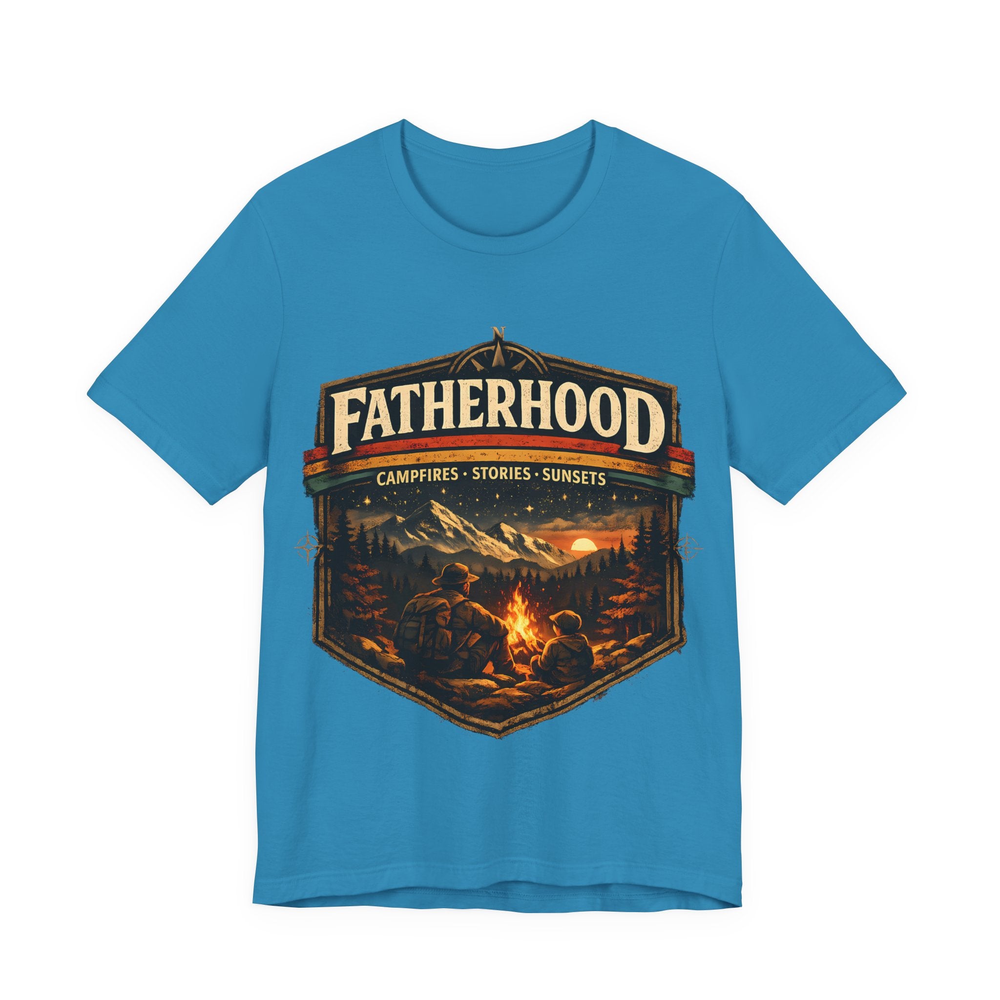 Aqua t-shirt with 'Fatherhood' graphic design featuring a campfire scene