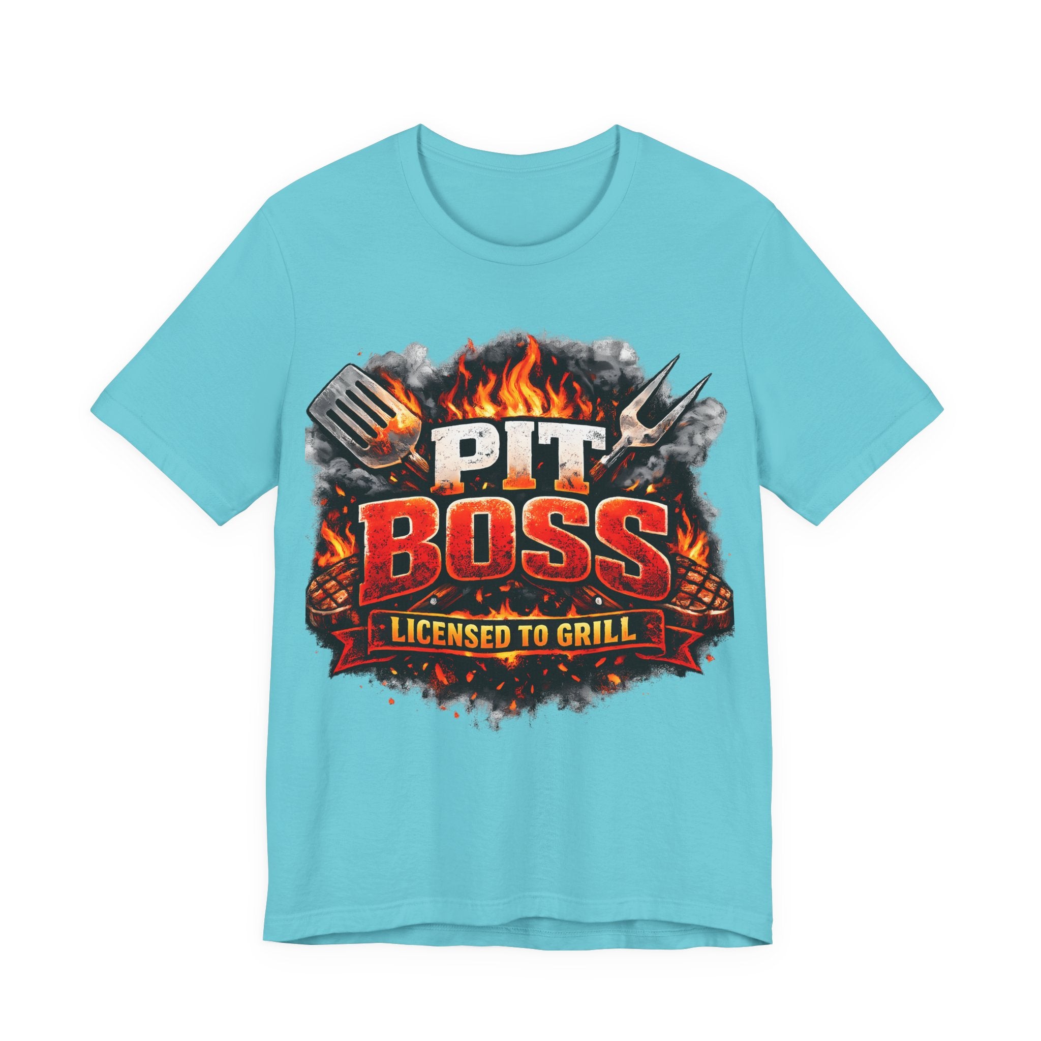 Turquoise blue t-shirt with 'Pit Boss Licensed to Grill' graphic on a white background