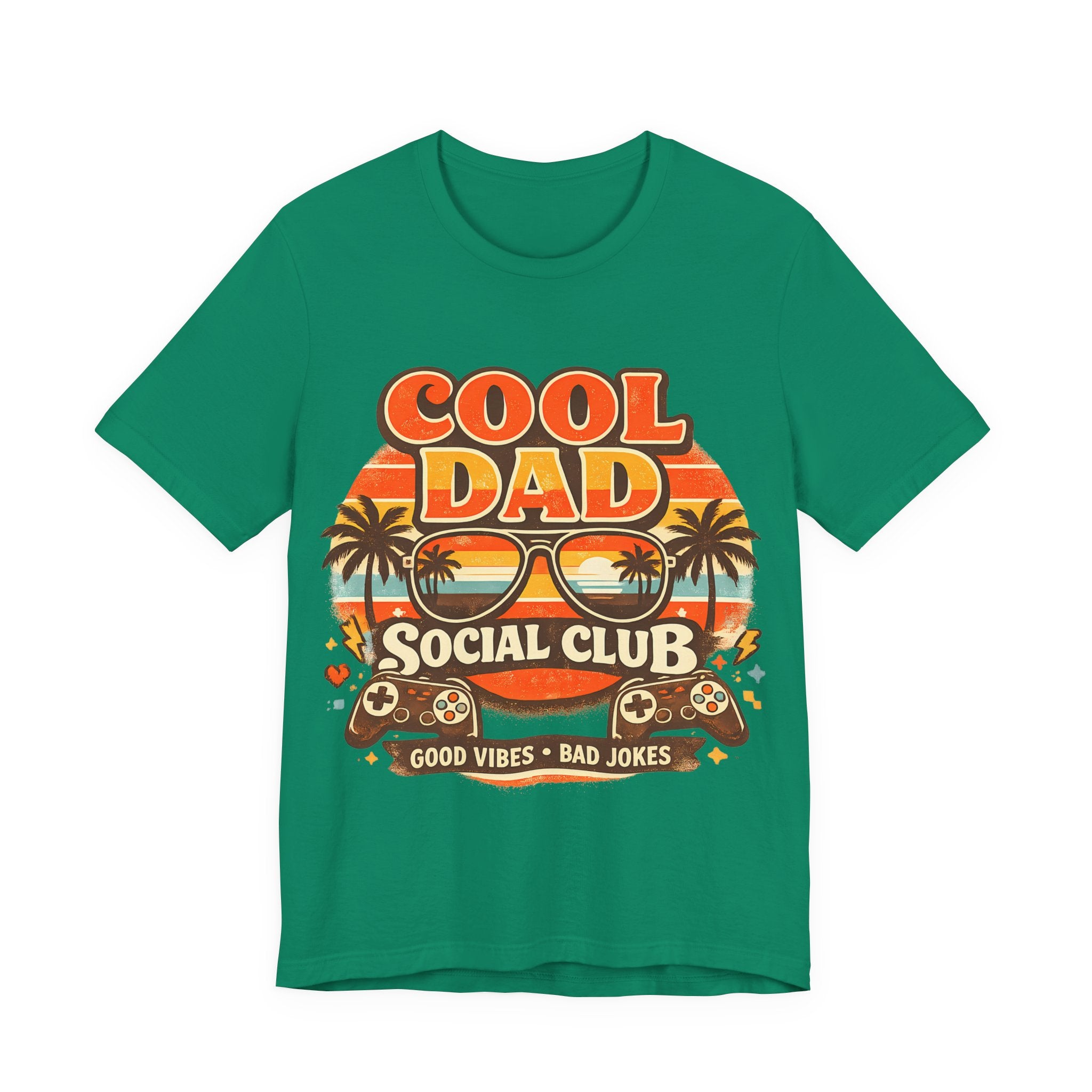 Kelly Green t-shirt with 'Cool Dad Social Club' graphic design on a white background