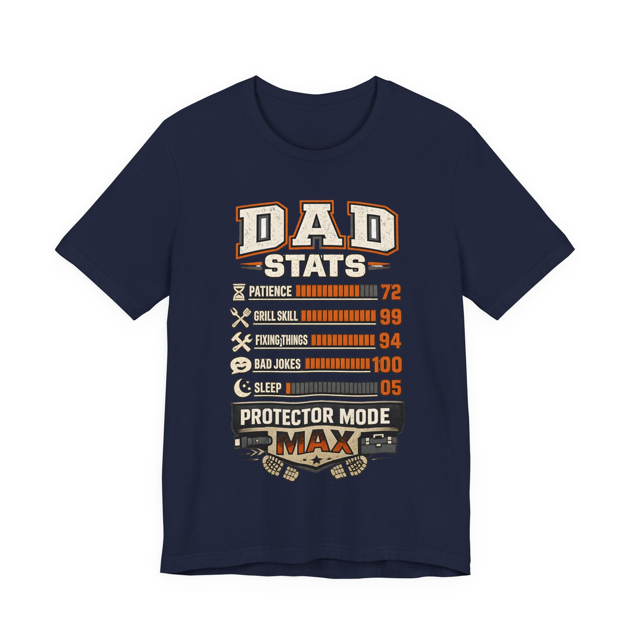 Navy t-shirt with 'Dad Stats' graphic design.