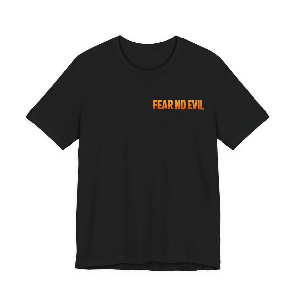 Black t-shirt with a "Fear No Evil" print on a white background