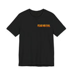 Black t-shirt with a "Fear No Evil" print on a white background
