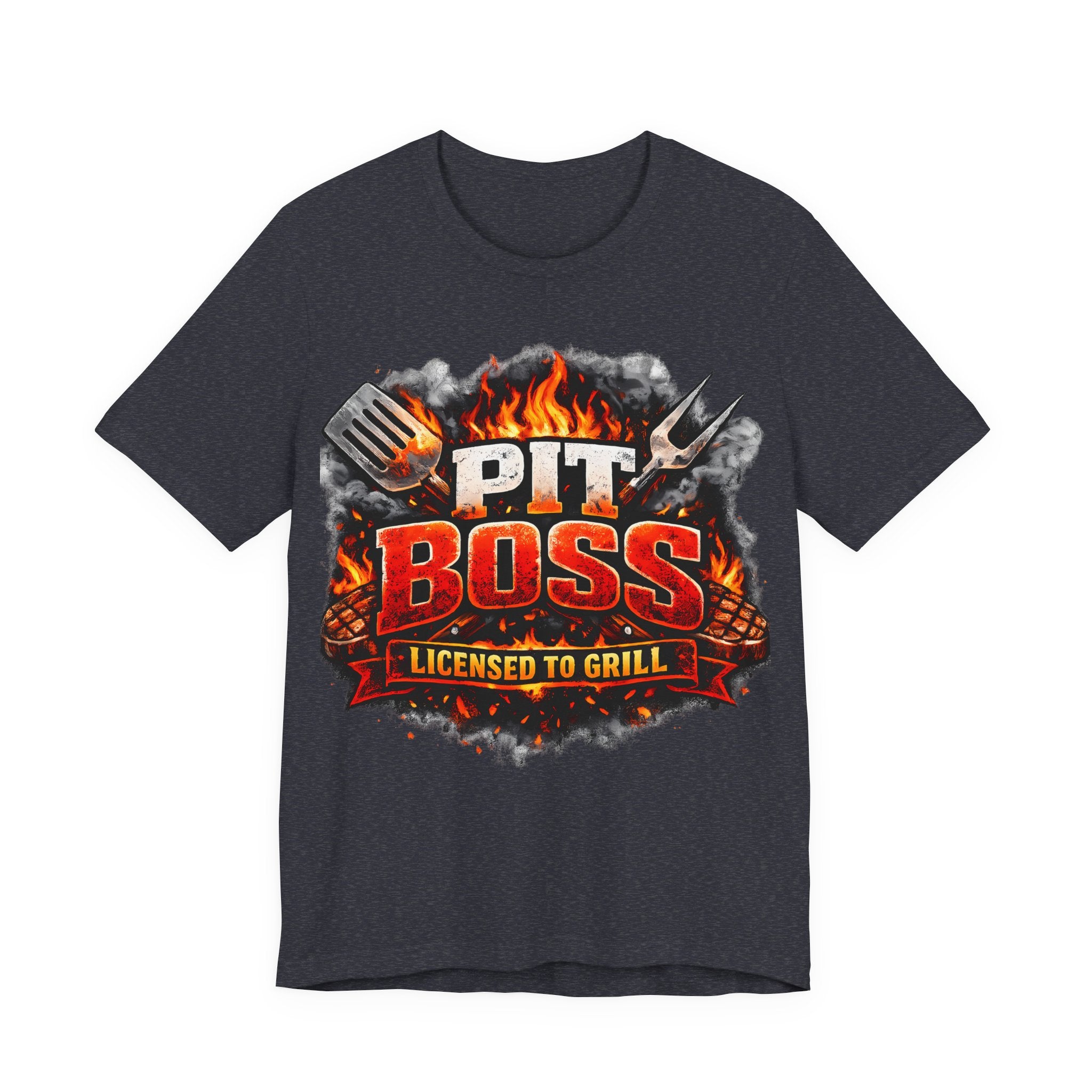 Heather navy t-shirt with 'Pit Boss Licensed to Grill' graphic design on a white background